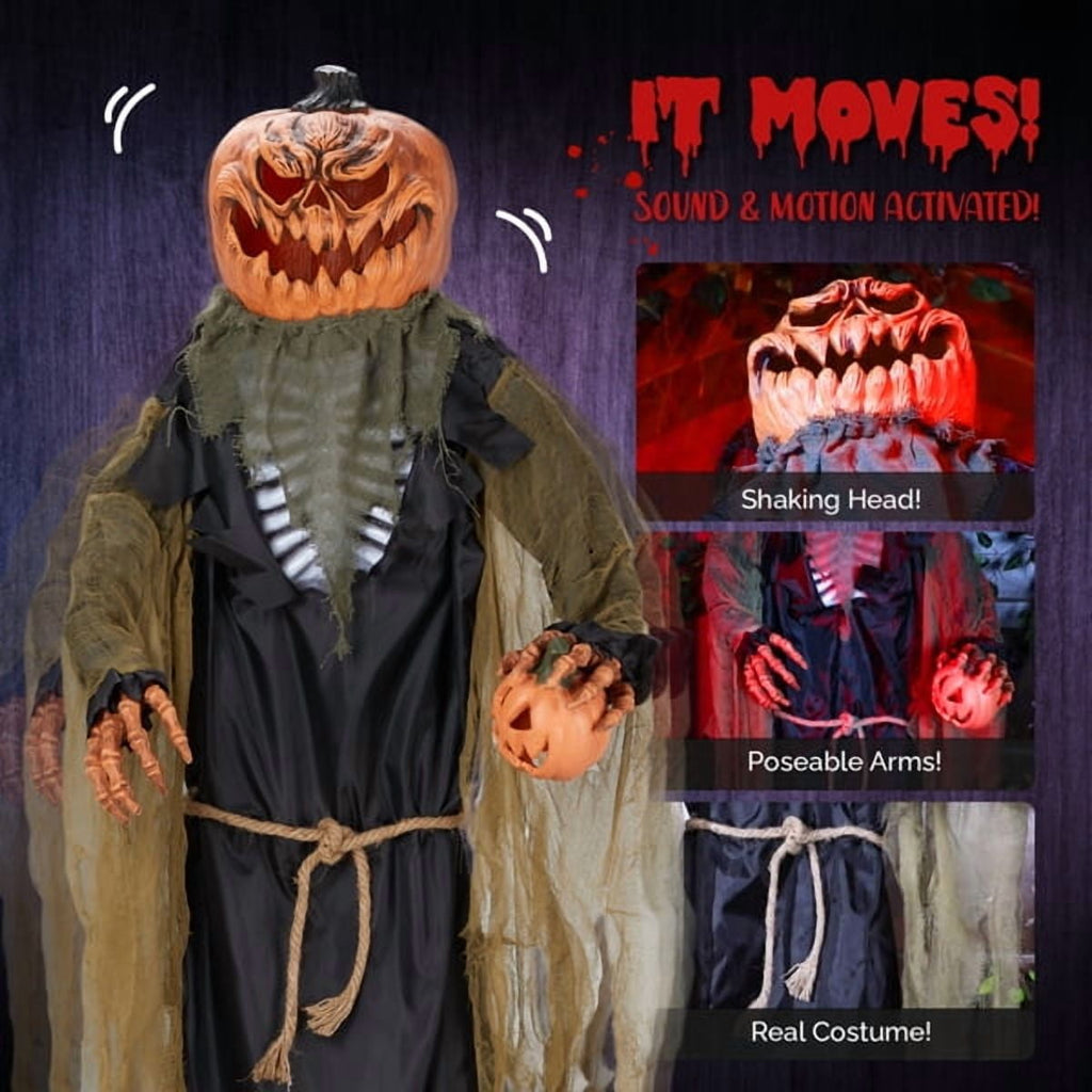 Alvantor Halloween Animated Decorations - 7 FT Sensor-Activated Animatronic Pumpkin Man with LED Eyes, 4 Creepy Phrases and Swaying Motion