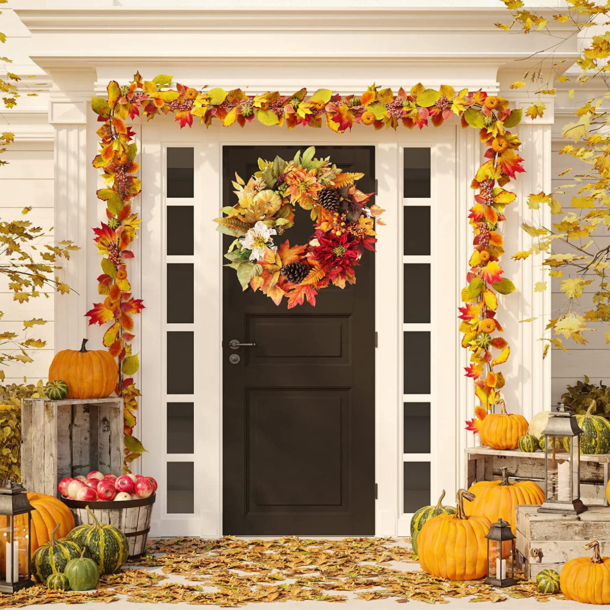 24 Inch Fall Wreaths for Front Door Outside, Fall Door Wreath with Pumpkins,Dahlia,Sunflowers, Maple Leaves,Autumn Wreaths Decorations for Harvest Thanksgiving Halloween Indoor Outdoor Home Decor