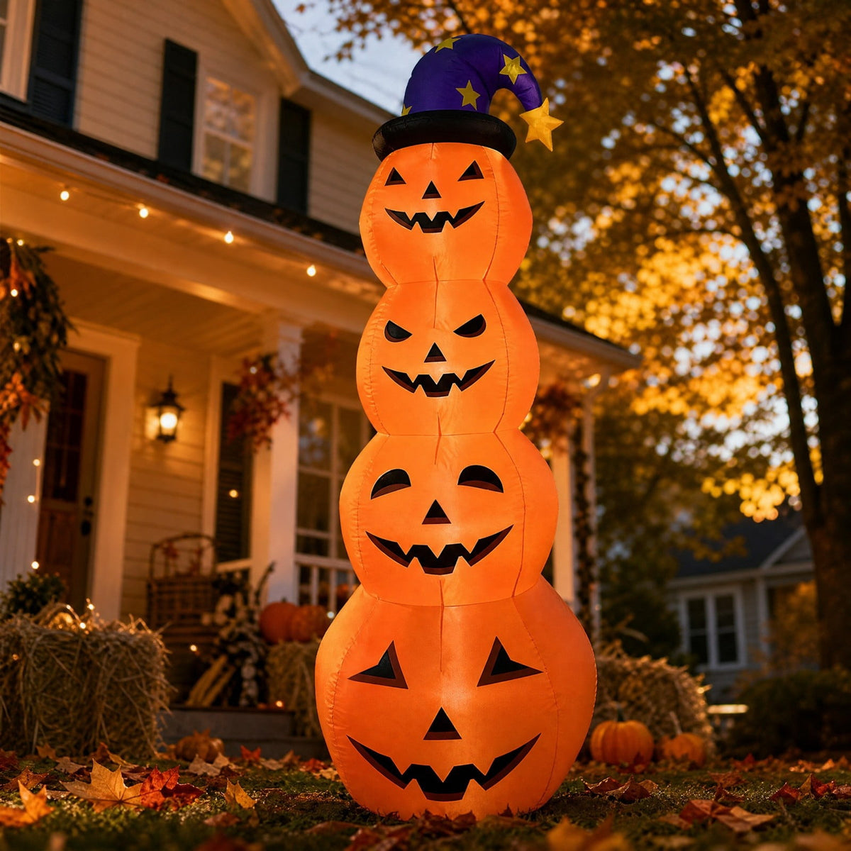 8FT Inflatable Stacked 4 Pumpkins Tower with Wizard Hat, LED Light Up Blow Up Pumpkin Yard Decoration, Waterproof Outdoor Halloween Lawn Ornament for Front Yard Garden Party