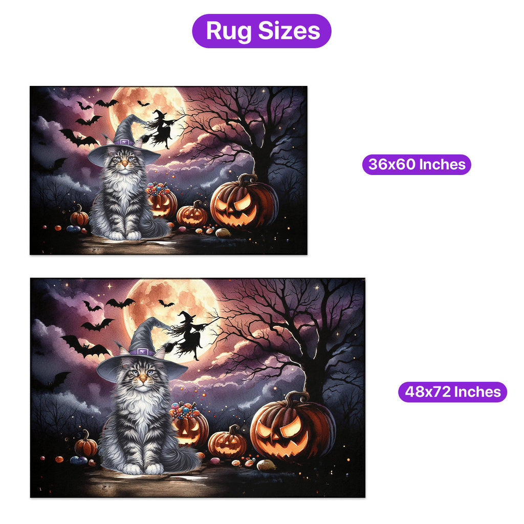 Spooky Halloween Night Witch Maine Coon Glowing Pumpkins Indoor Rug Cat Lover Kitten Owner Gifts Carpet Living Bed Room Sofa Home Decor - 12015