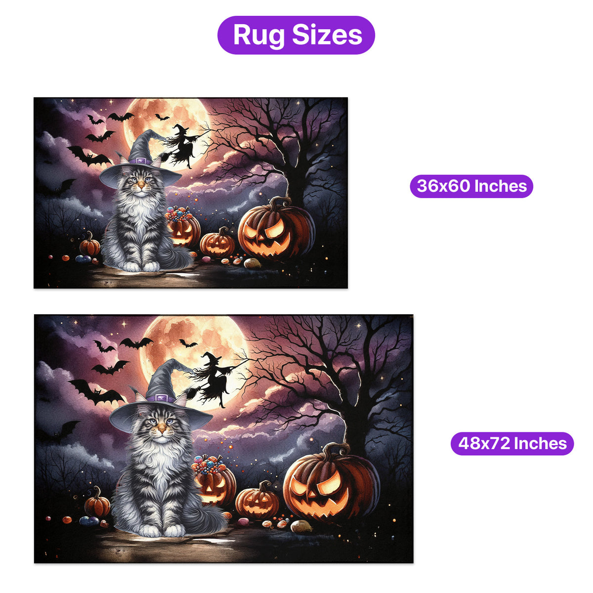 Spooky Halloween Night Witch Maine Coon Glowing Pumpkins Indoor Rug Cat Lover Kitten Owner Gifts Carpet Living Bed Room Sofa Home Decor - 12015