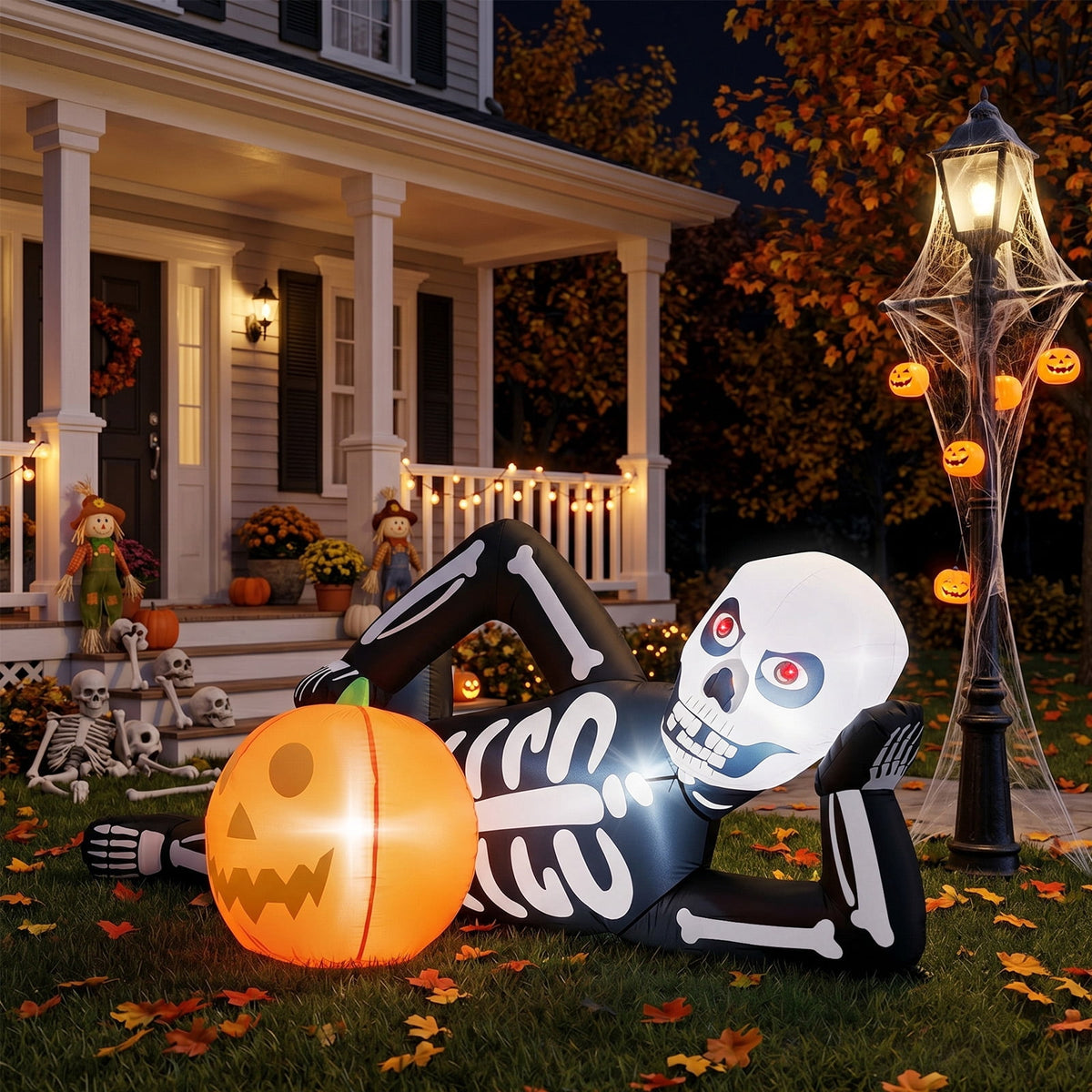7ft Inflatable Halloween Lying Skeleton with 7 LED Lights Black and White Decor for Lawn