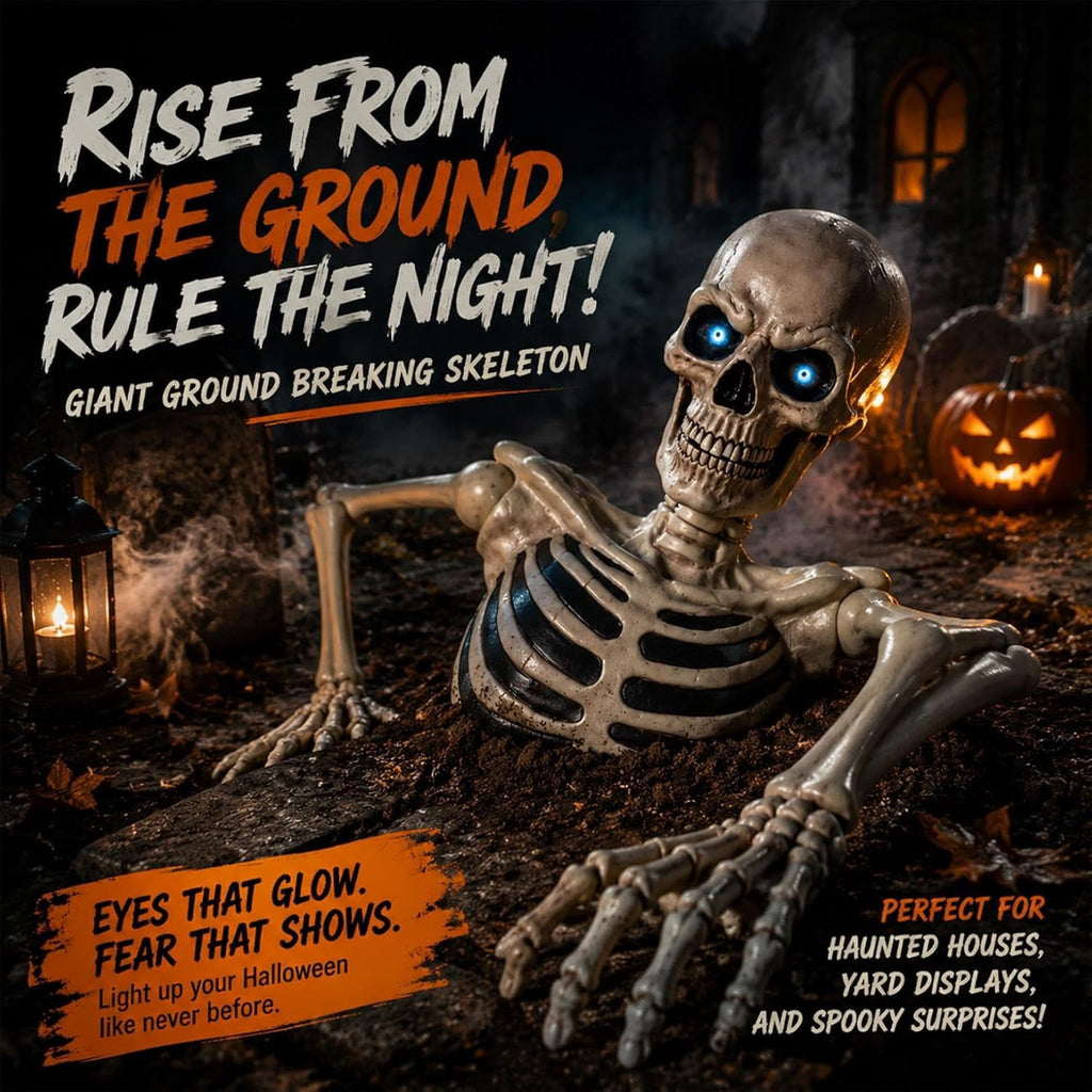 Clearance Halloween Giant Ground Breaking Skeleton Decor with LED Light-Up Moving Eyes, Scary Skull Stakes for Garden Lawn Holiday Party Decor