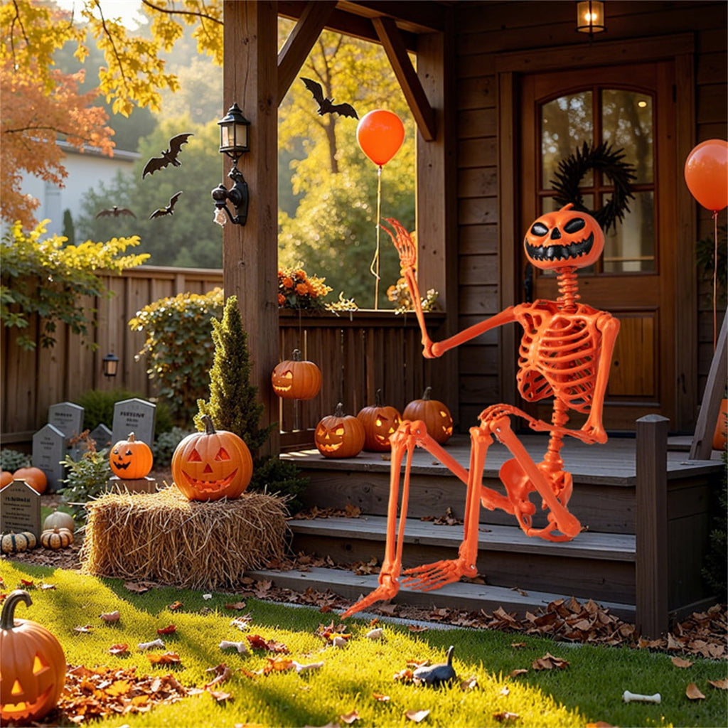 5.5ft Life-Size Halloween Skeleton with Pumpkin Head, Orange, PP+PE Material