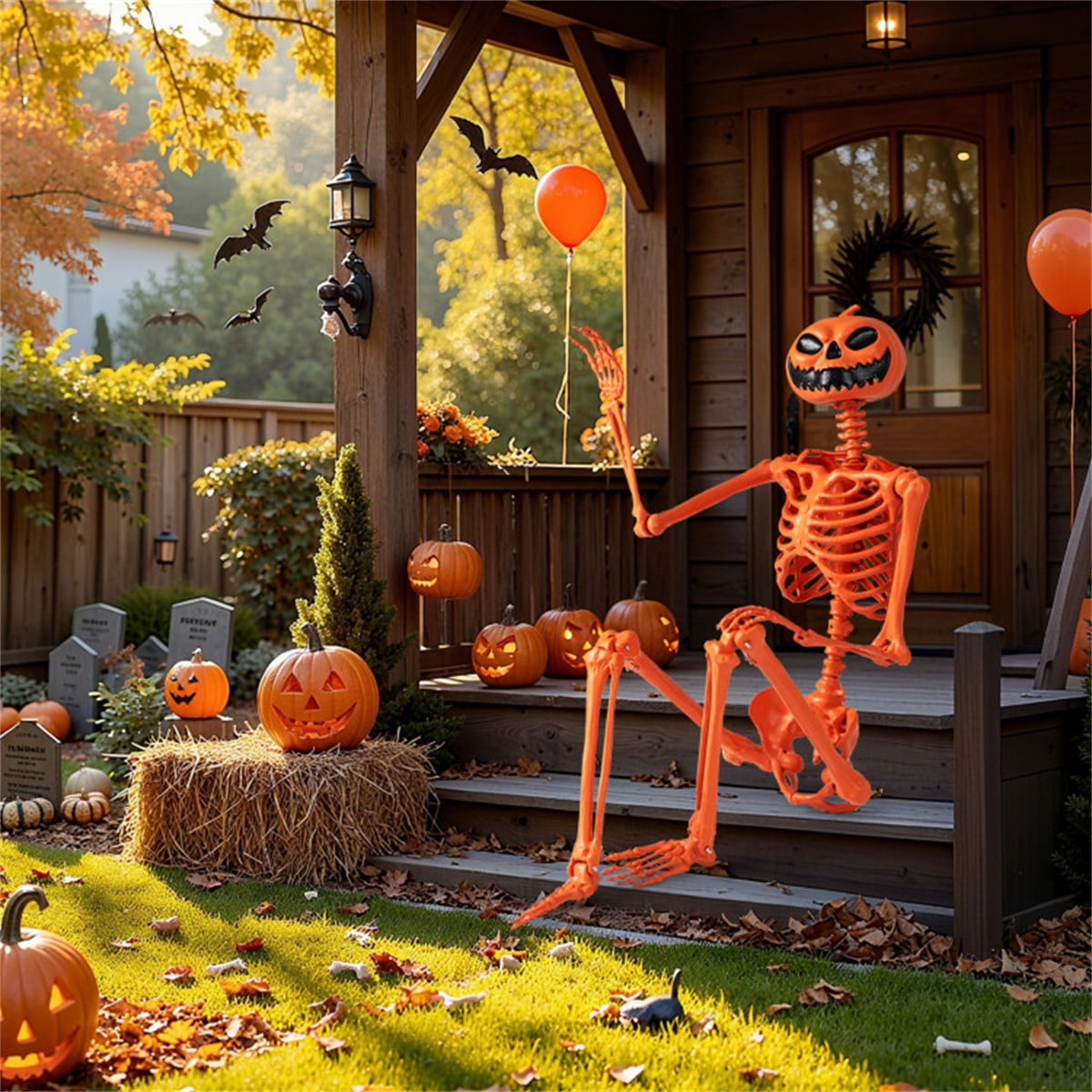 5.5ft Life-Size Halloween Skeleton with Pumpkin Head, Orange, PP+PE Material