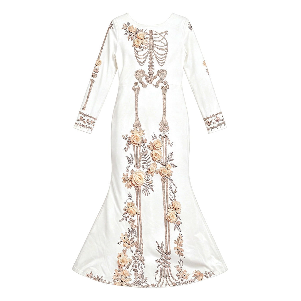 Women Halloween Skeleton Mermaid Dress, Velvet Long Sleeve Bodycon Gown with 3D Floral Appliques, Floor‑Trailing Gothic Costume for Party Cosplay L