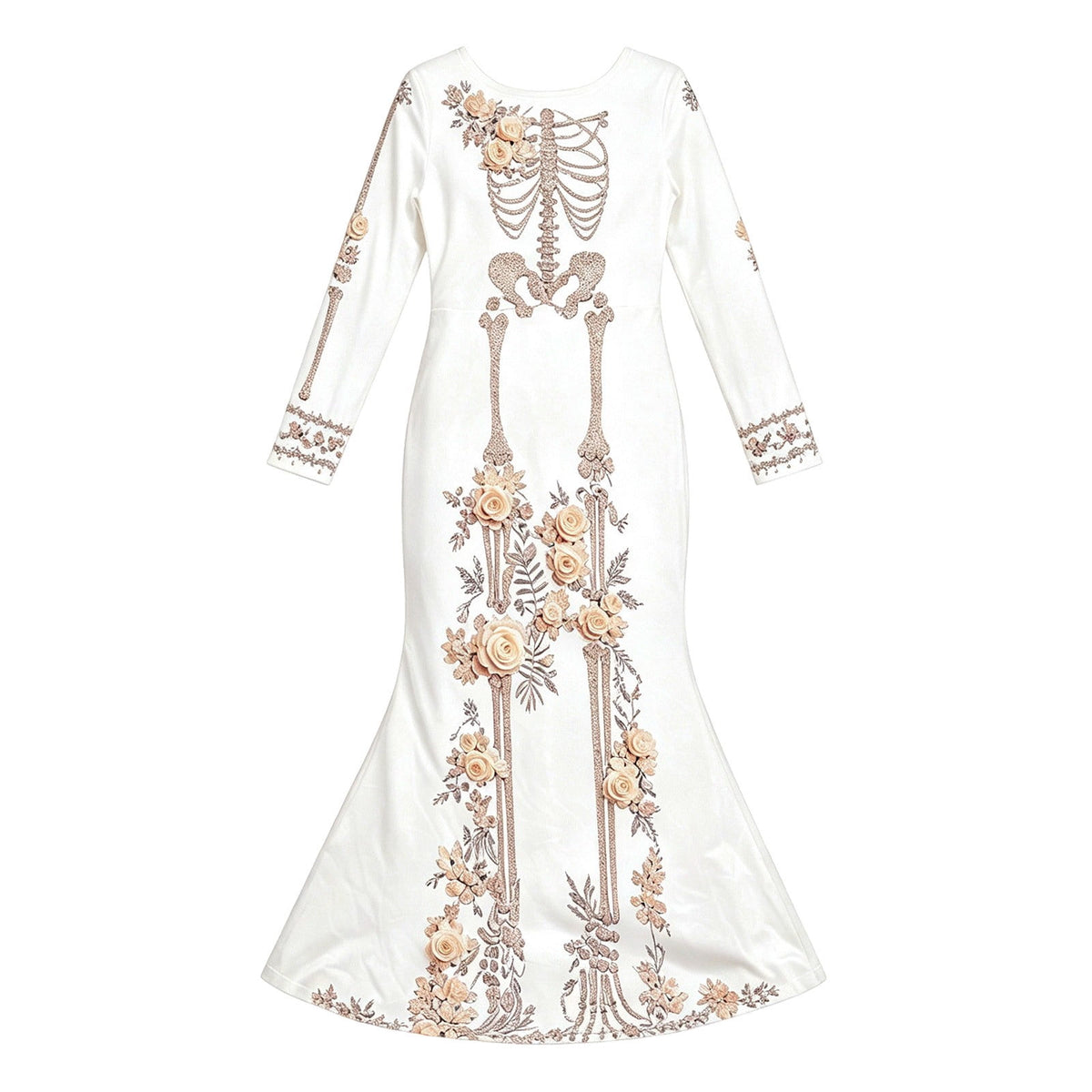 Women Halloween Skeleton Mermaid Dress, Velvet Long Sleeve Bodycon Gown with 3D Floral Appliques, Floor‑Trailing Gothic Costume for Party Cosplay L