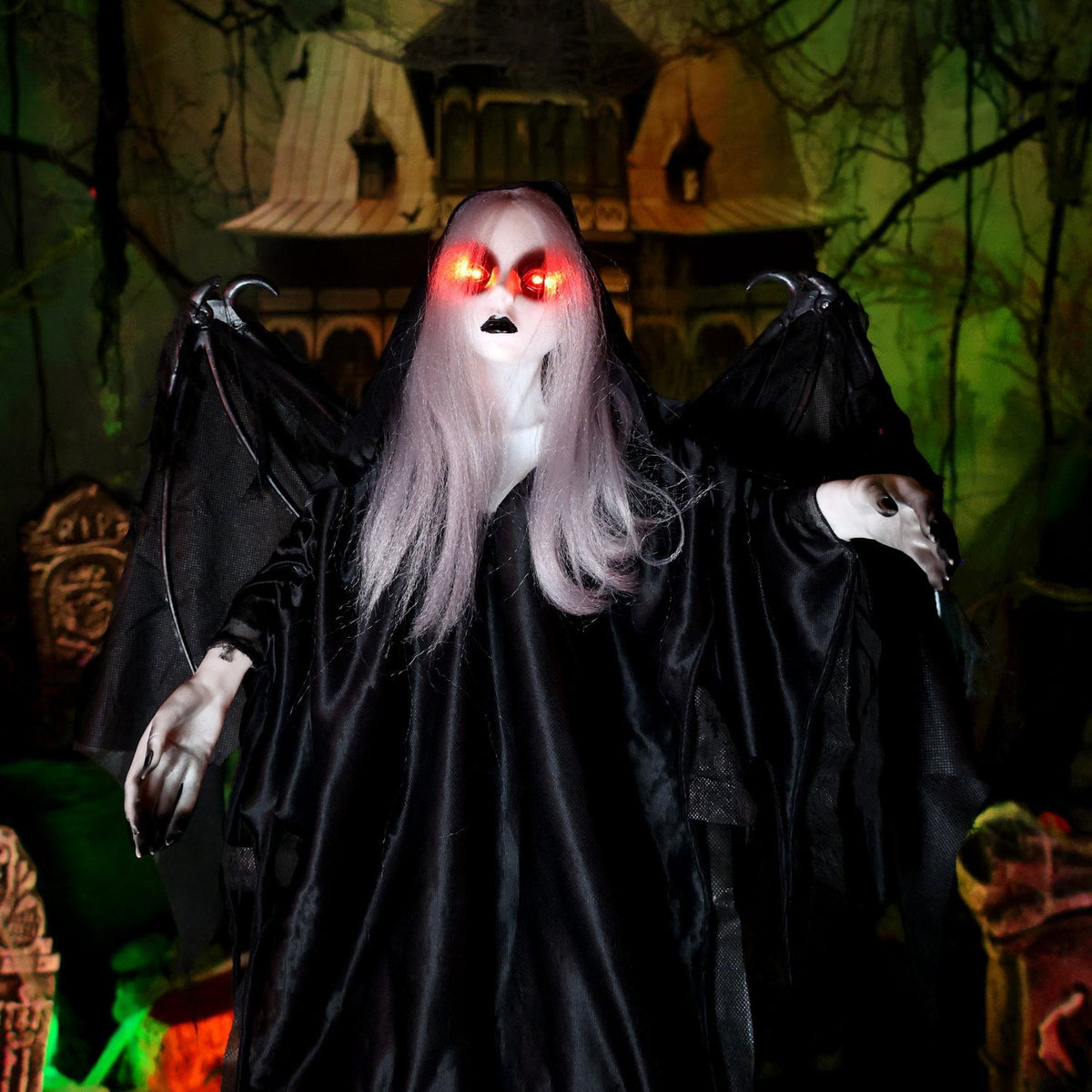 Haunted Hill Farm Red LED Battery Creepy Girl Tombstone with Wings Halloween Animatronic 3.1-Ft.