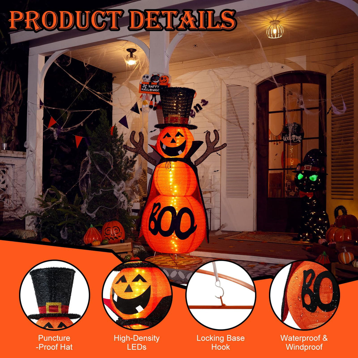 MARACOL 5FT Halloween Pumpkin Decorations Outdoor, 90 LED Pre-Lit Pop-Up Halloween Pumpkin Giant Collapsible Jack-o'-lantern Cute Pumpkin Decor with Cloak & Magic Hat for Outdoor, Yard, Porch