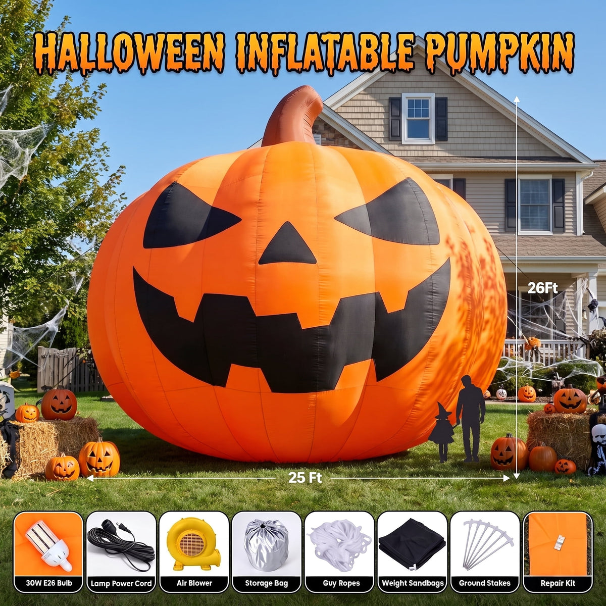 BPMIO 20FT Halloween Giant Inflatable Pumpkin Outdoor Yard Decoration with 550W Blower, 420D Oxford UL-Certified LED Light for Garden Commercial Party