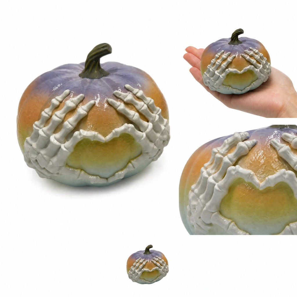 Gradient Skeleton Hand Heart Pumpkin, Resin Pink Purple Artistic Color Unique Halloween Art Display for Living Room Desktop_Pink