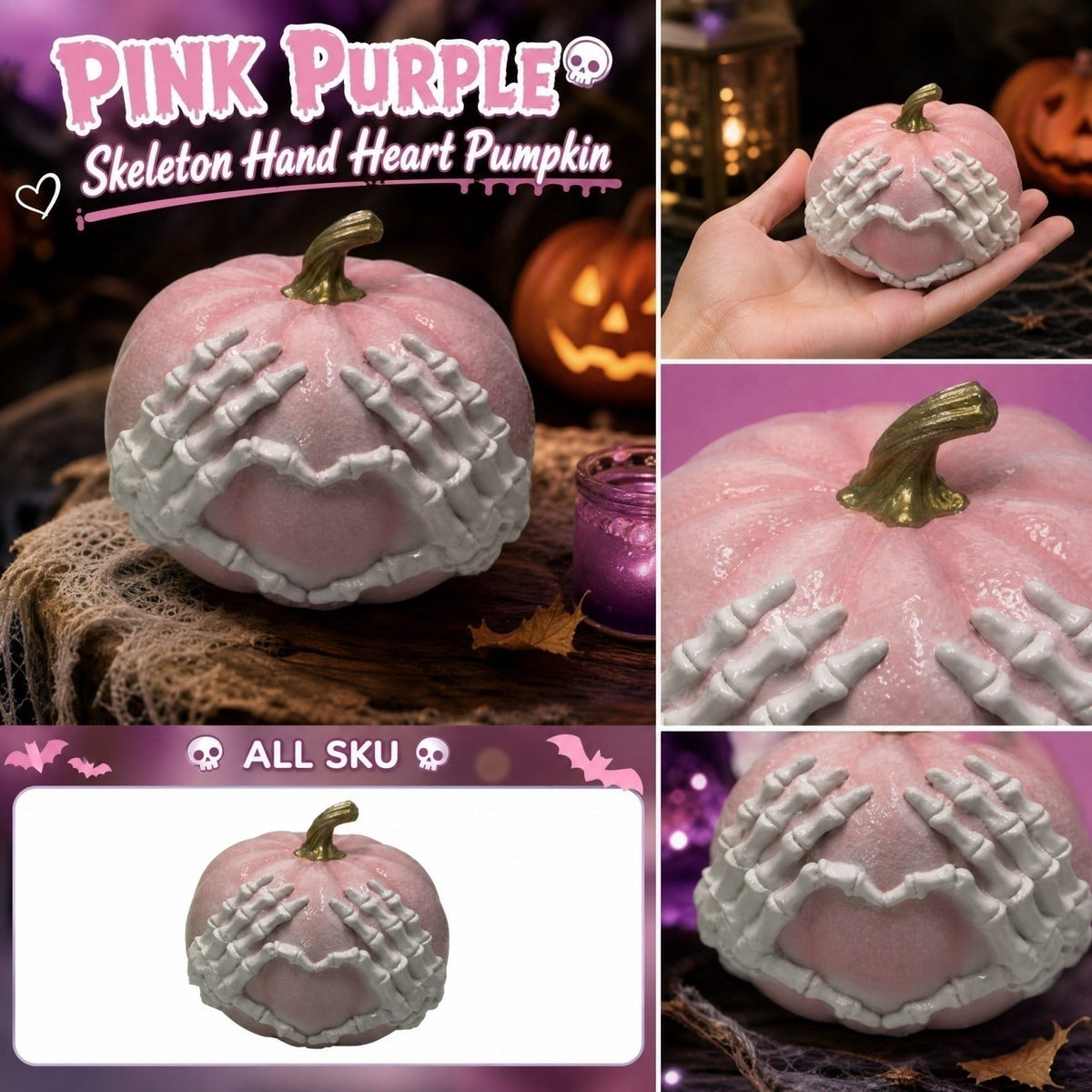 XHKUYI Halloween Skeleton Hands Heart Pumpkin Statue 11 inch, Gothic Pastels Resin Pumpkin Figurines, for Halloween Home Mantel Party Shelf Decors