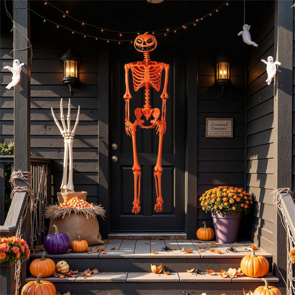 5.5ft Life-Size Halloween Skeleton with Pumpkin Head, Orange, PP+PE Material
