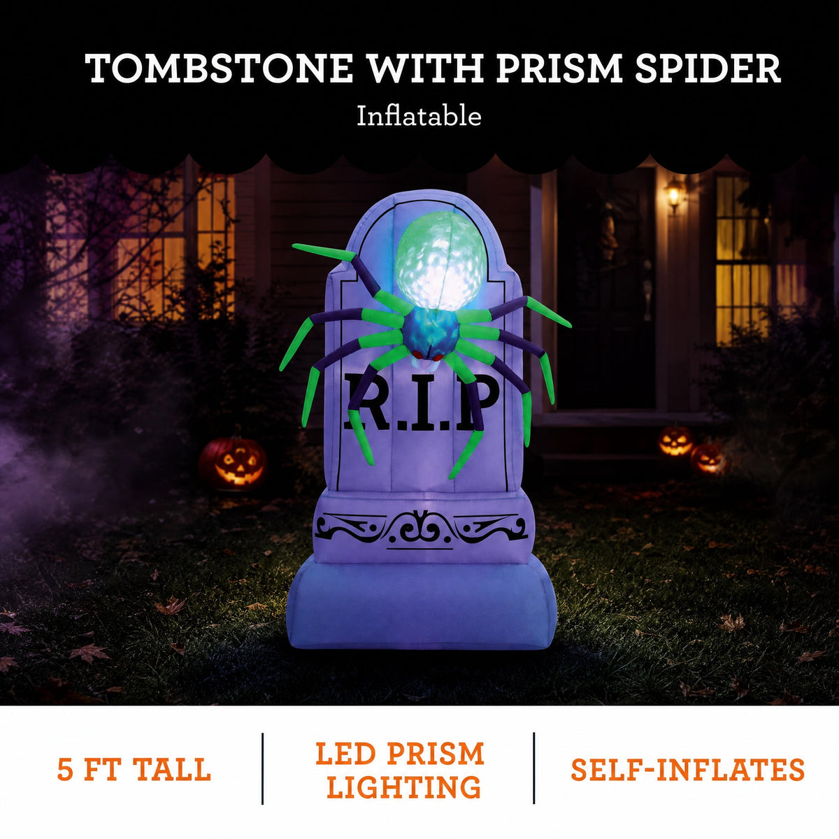Tombstone with Prism Spider Airblown Yard Inflatable, Multicolor, 5', Halloween by Way To Celebrate