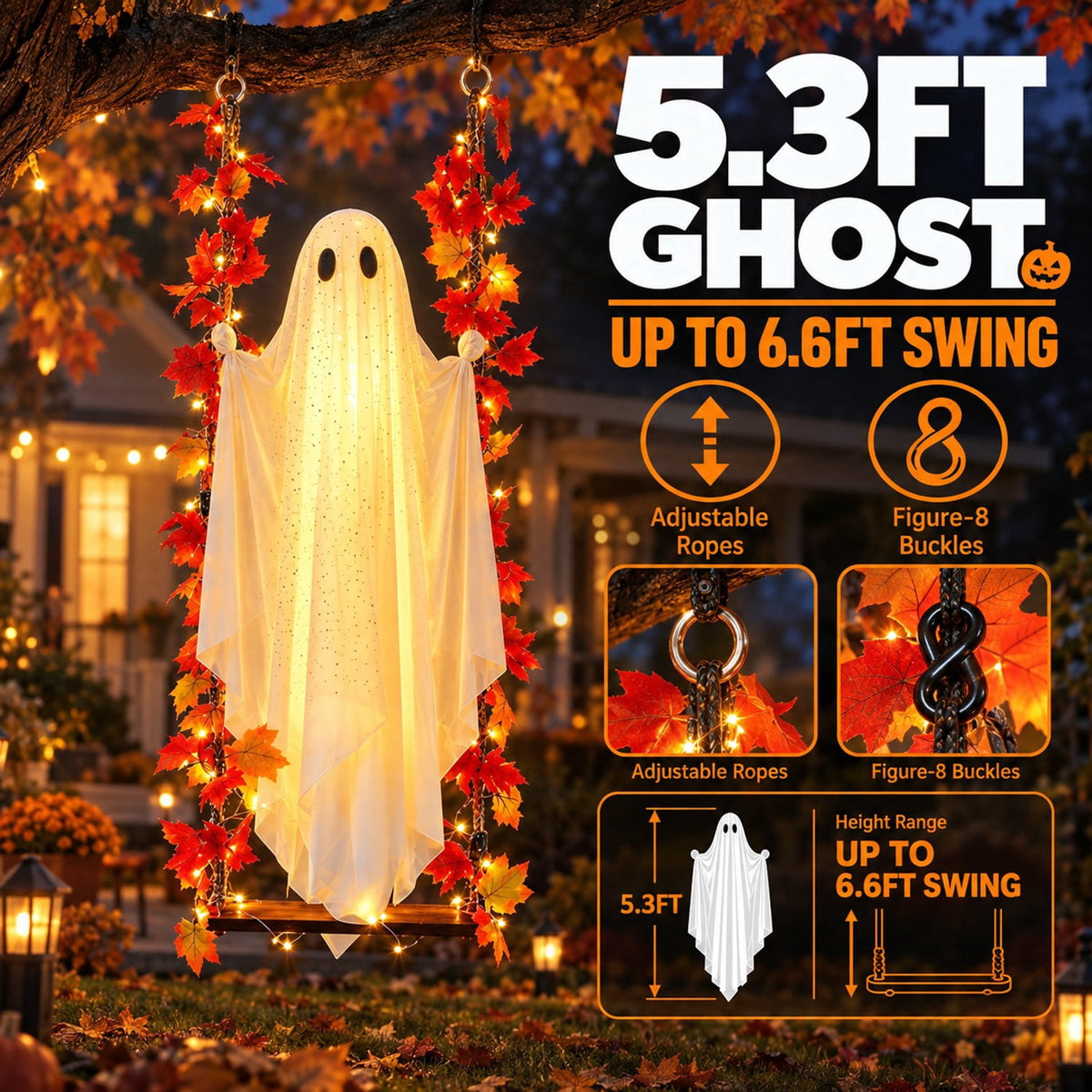 Hanging Light Up Ghost Decor with Remote LED Swing 5.3 ft