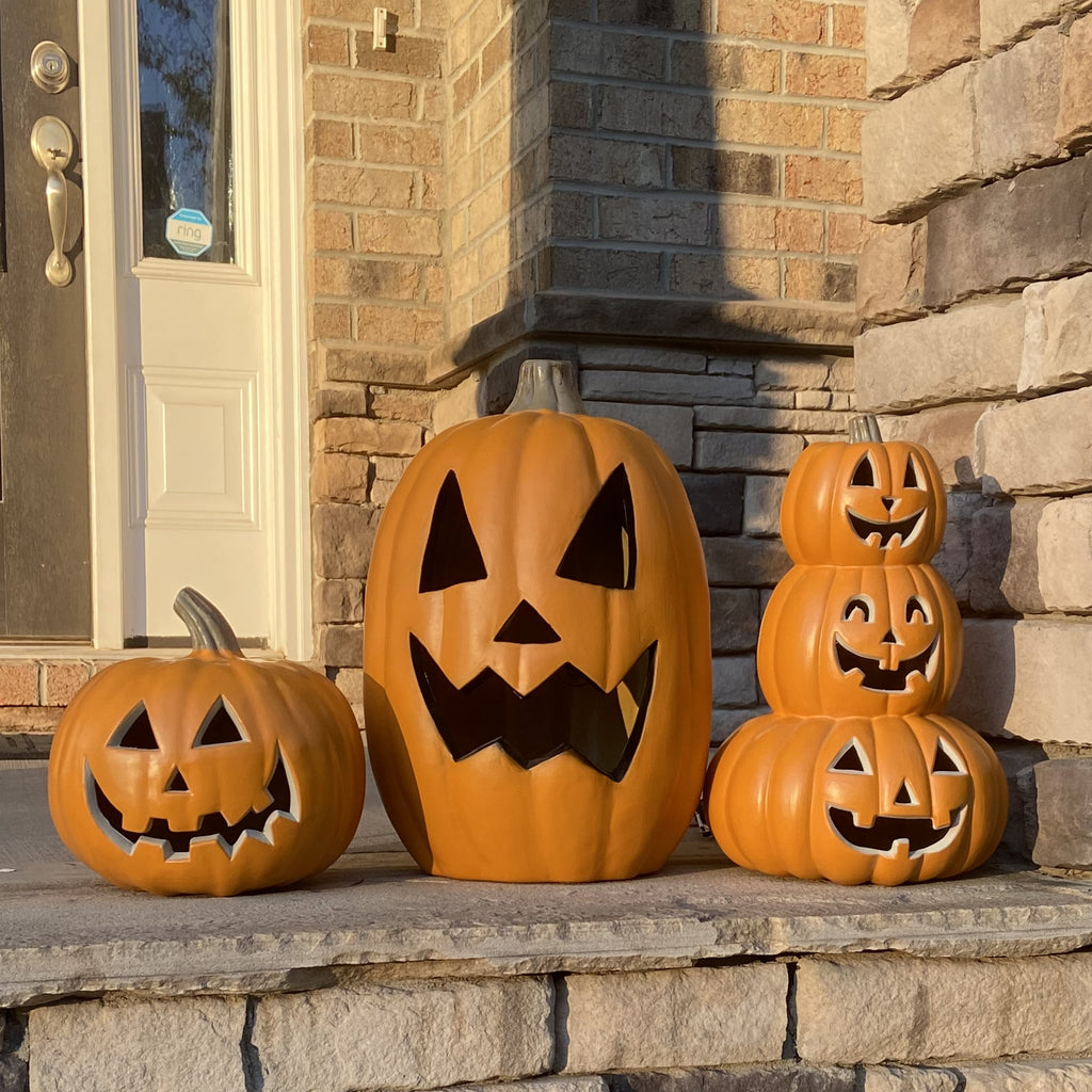 3-Pack Jack O' Lantern LED Lighted Pumpkins for Halloween, 10", 15", and 16" sizes for indoor/outdoor decor.