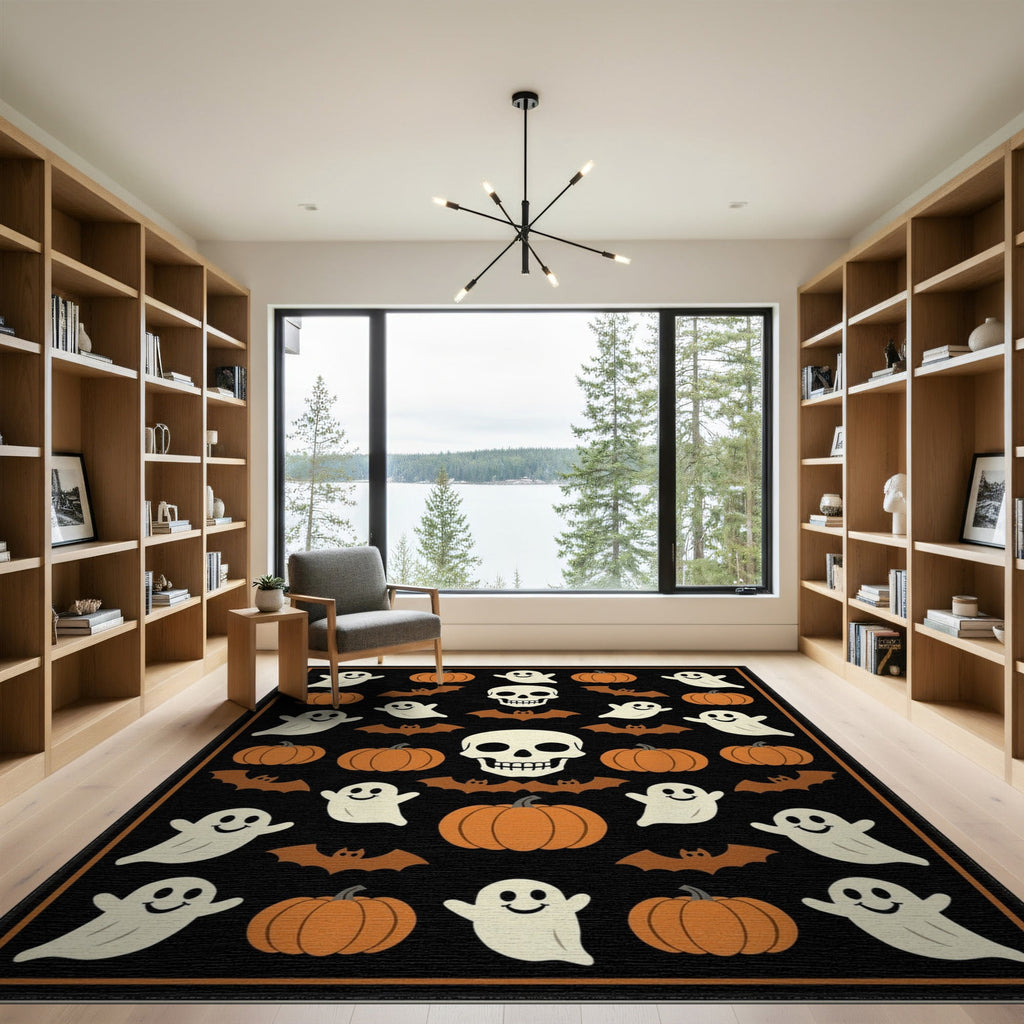 ODIKA 8'x10' Washable Area Rug Halloween Harvest Spirits Grinning Lantern Entrance Doormat Door for Living Room, Under Sectional, Family , Durable, Non-Slip