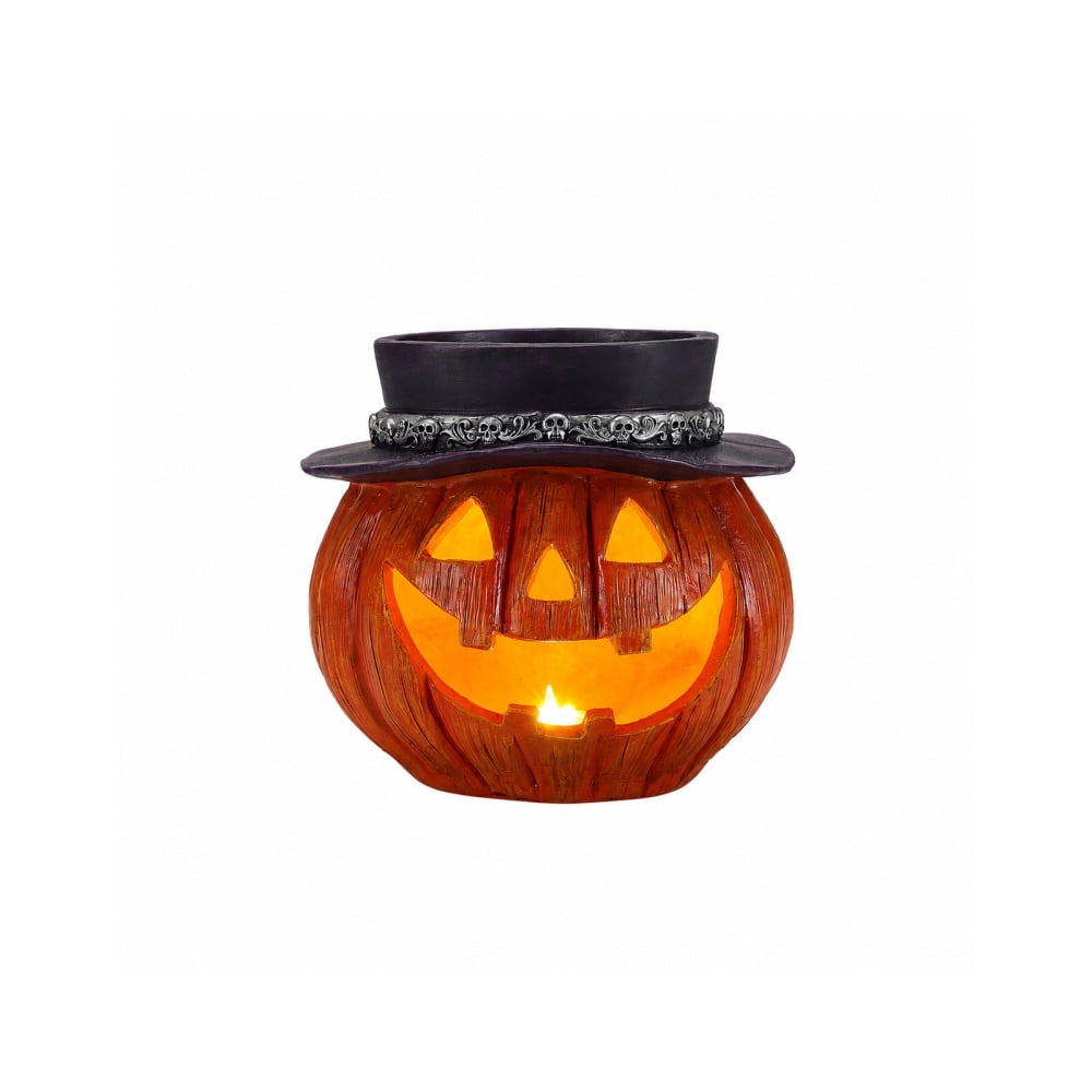 Light Up Pumpkin Candy Bowl with Witch Hat, LED Jack O Lantern Tabletop Decor, Spooky Resin Storage Container for Home Halloween Party