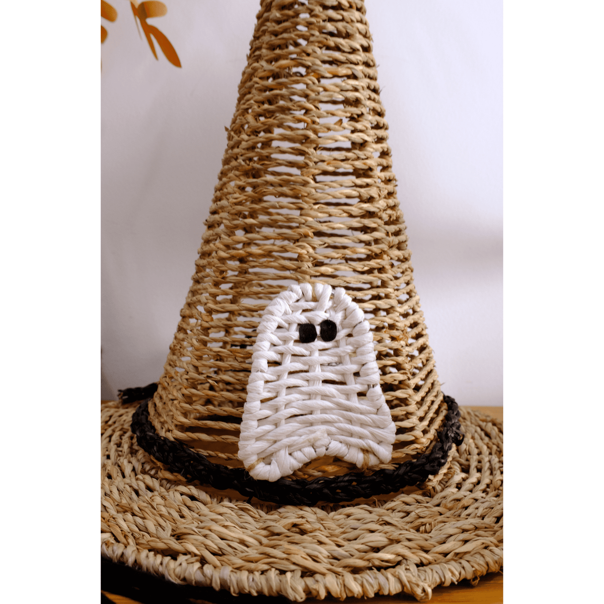 Set of 2 Handwoven Natural Witch Hat Decorations with Ghost and Spider Accents – Halloween Tabletop Décor