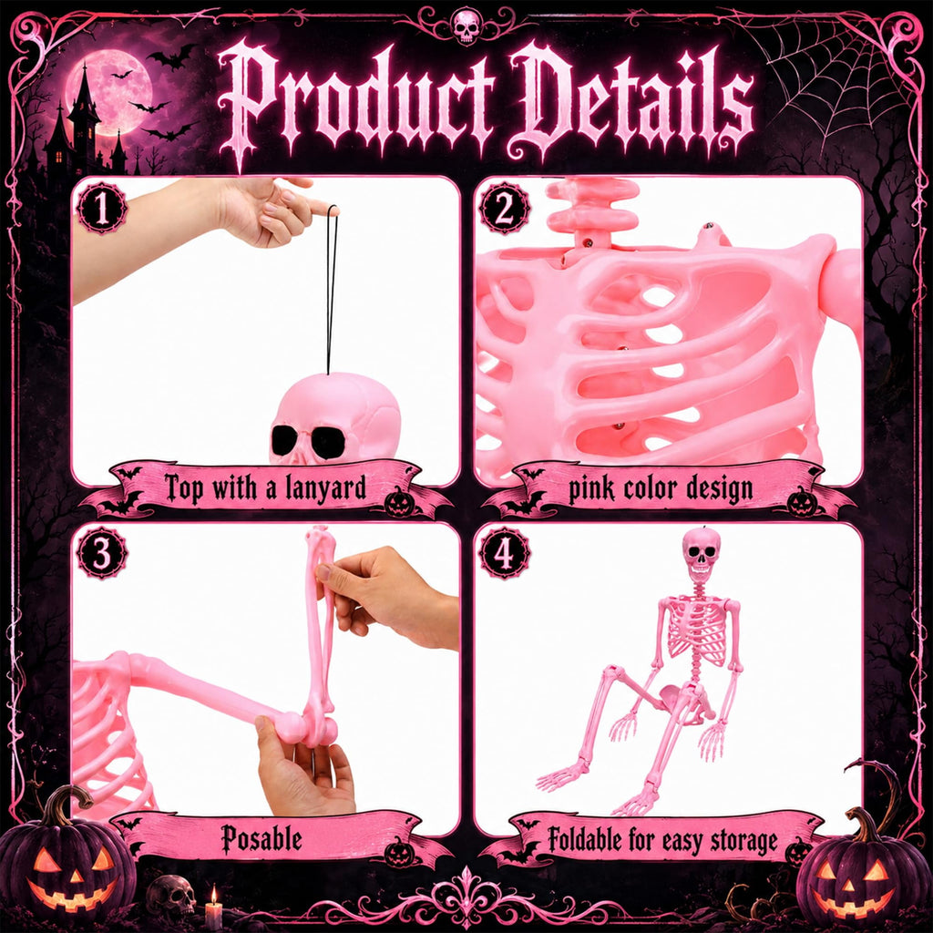 EBaokuup 5.5 ft Halloween Skeleton Decoration, Pink Posable Skeleton Prop with Movable Joints