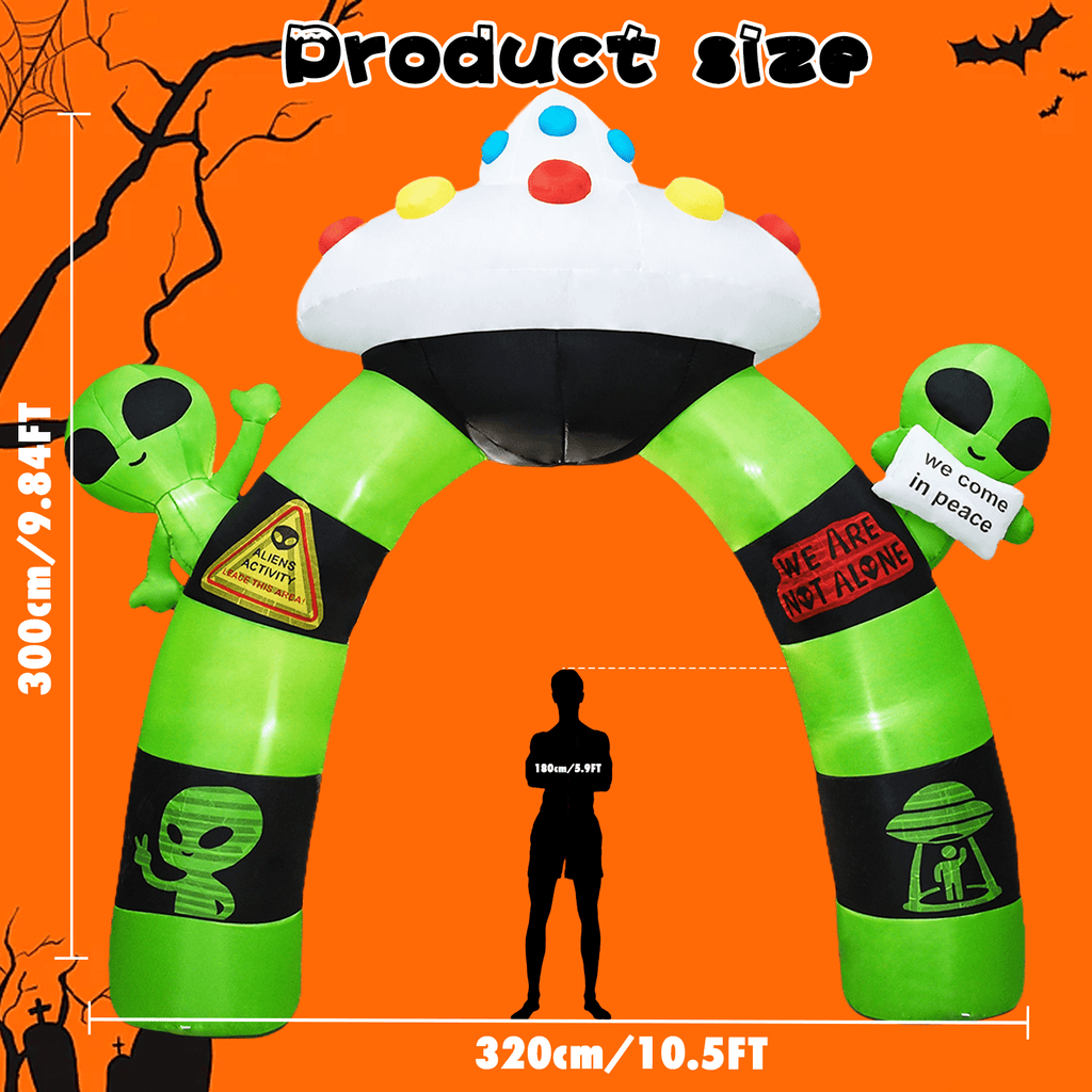 KINQUINN 10 FT Giant Halloween Inflatables Alien UFO Arch Outdoor Decorations, Blow Up Alien Archway with LED Lights, Blow Up Yard Decor for Garden, Lawn, Home, Indoor, Outside, Party, Porch