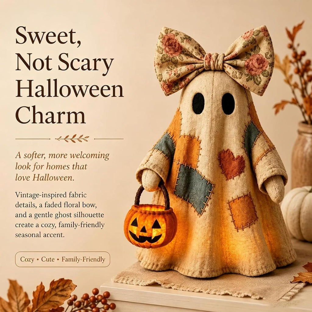Lighted Vintage Patchwork Ghost, 13.8in LED Sweet Ghost with Pumpkin Lantern, Patchwork Ghosts Lamp for Halloween Decor, Harvest Fall Halloween Decorations for Mantel Shelf Entryway Porch (3Pack)