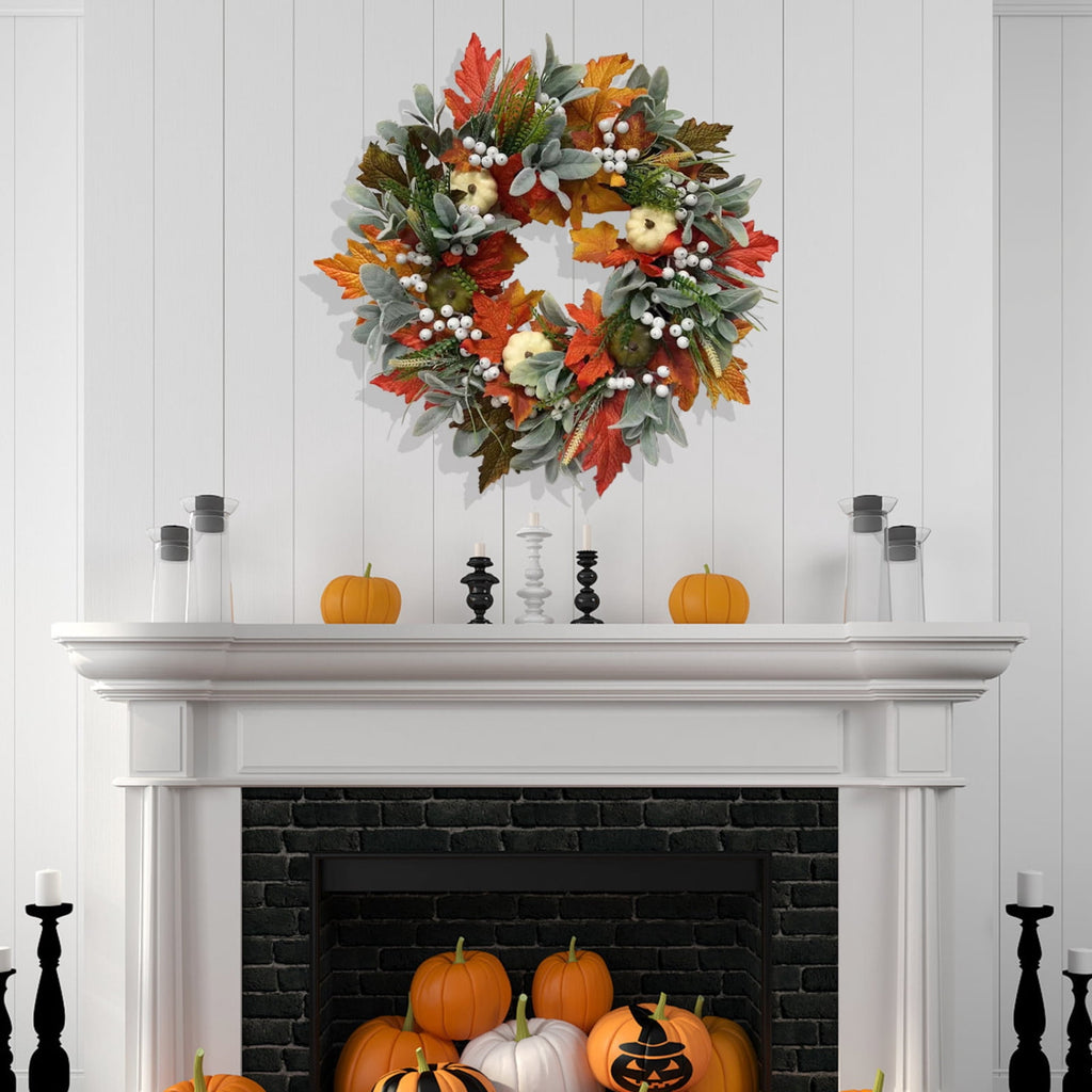 Fall Wreath - Halloween Decorative Autumn Garland with Pumpkin Accents, Handmade Style Seasonal Wall Decor, Vibrant Harvest Door Circle Ornament