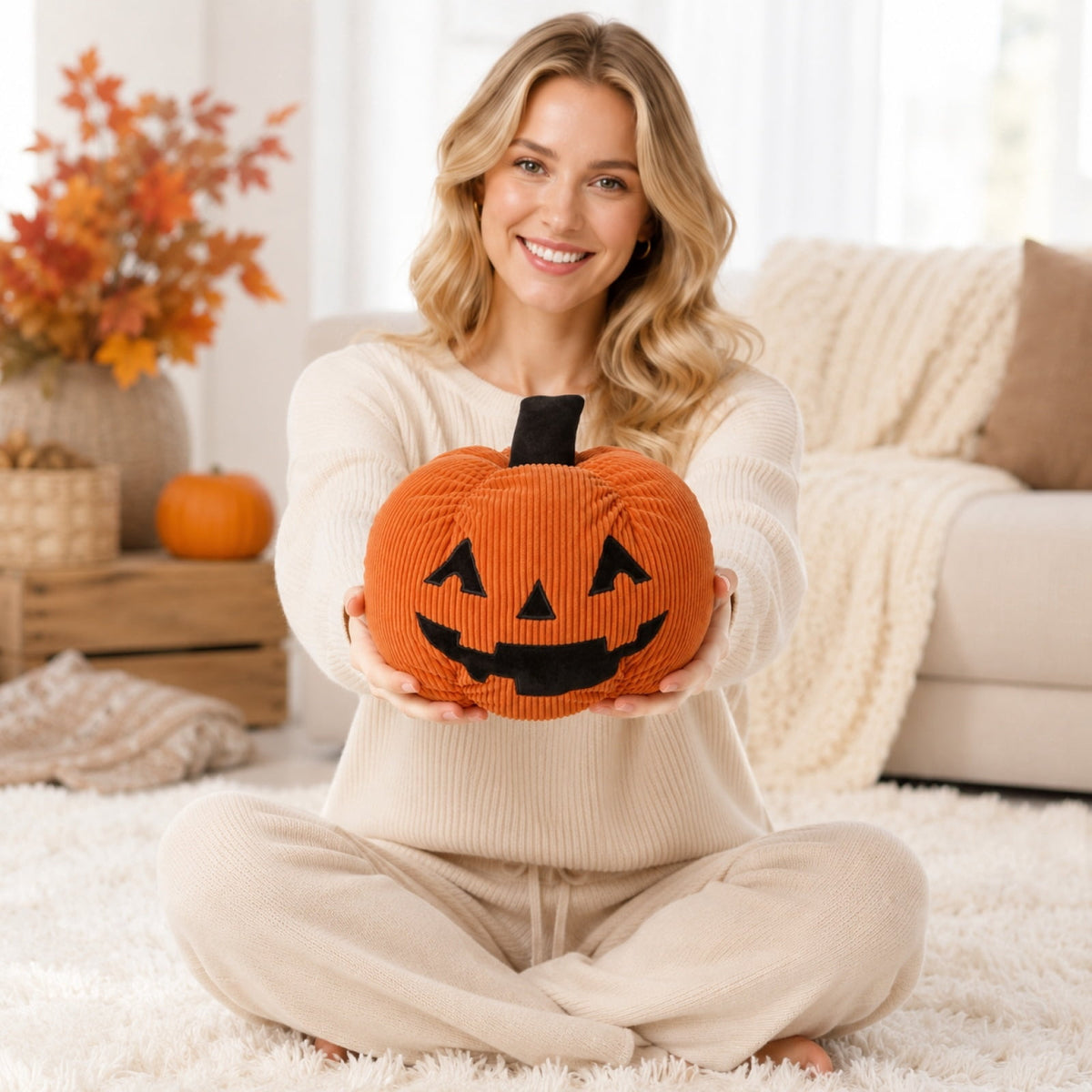 Corduroy Jack-o'-Lantern Throw Pillow, 11" Fabric Pumpkin Tabletop Mantel Shelf Fall Autumn Thanksgiving Halloween Decorations for Home, Terracotta Orange Corduroy