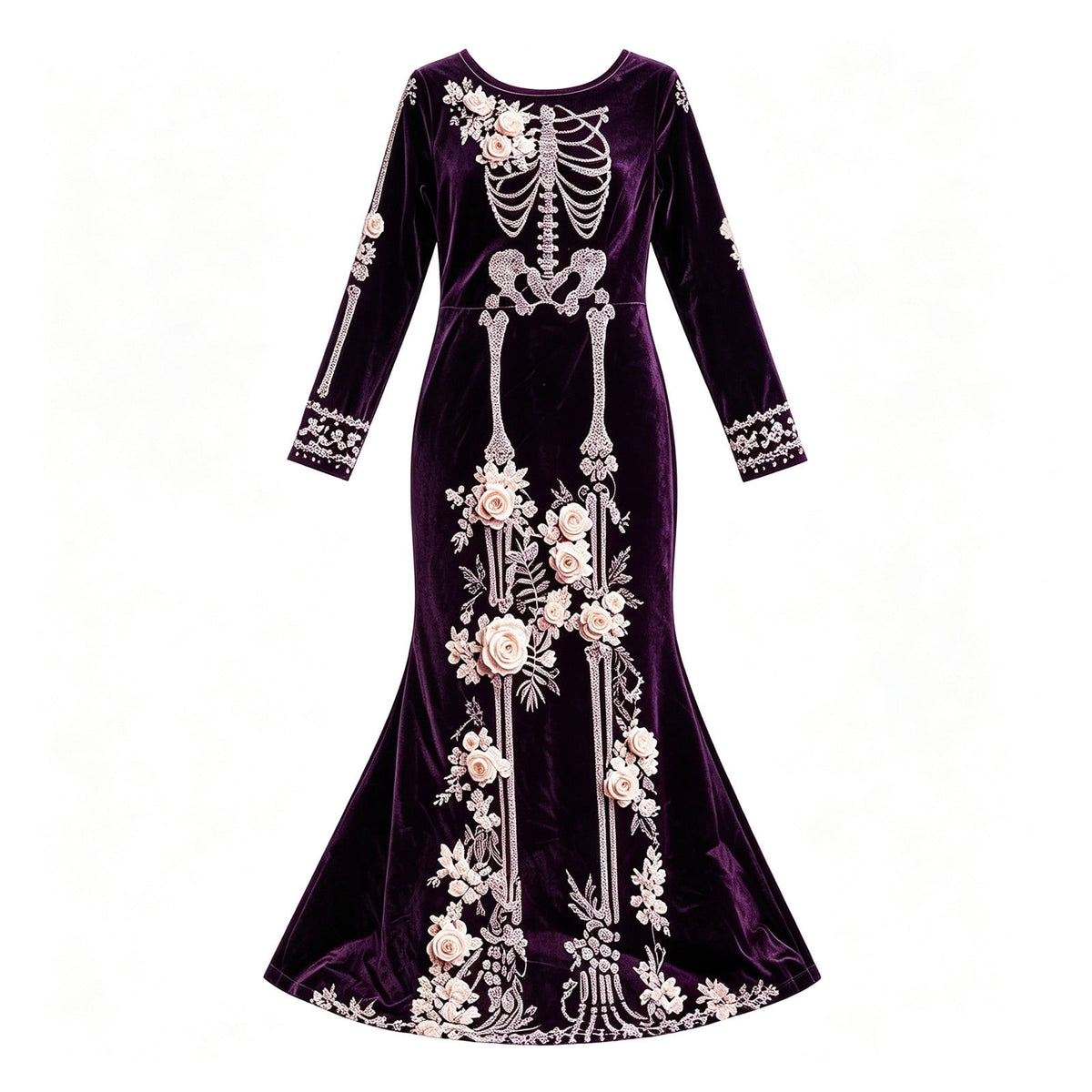 Women Halloween Skeleton Mermaid Dress, Velvet Long Sleeve Bodycon Gown with 3D Floral Appliques, Floor‑Trailing Gothic Costume for Party Cosplay L