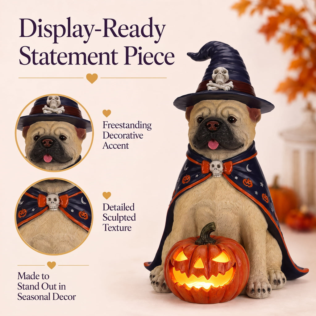 A7Store Halloween Golden Retrieve Dog Indoor Outdoor Porch Statue with Lighted Pumpkin, Pink Witch Hat and Cape