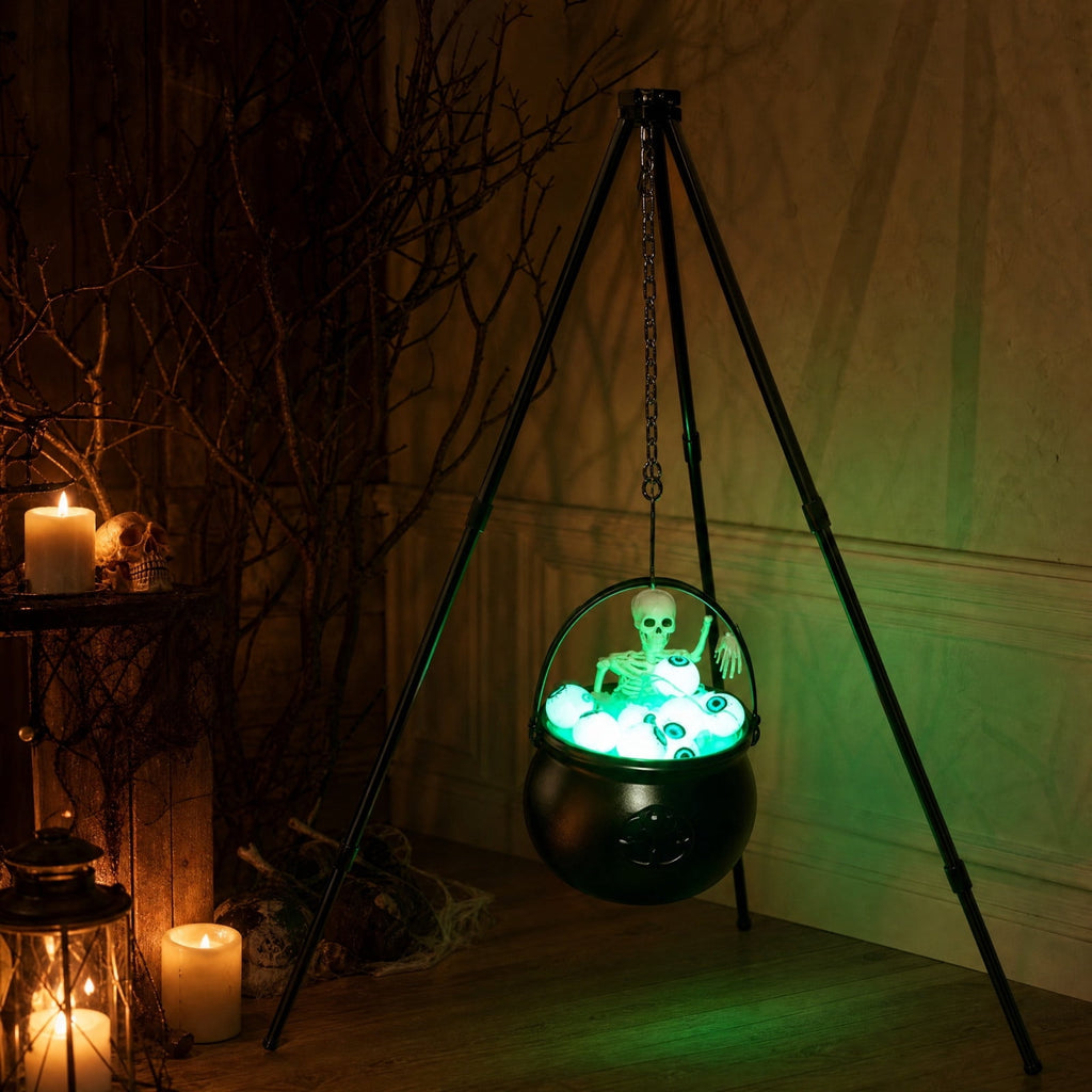Halloween Cauldron Tripod with Green LED Light, Skeleton Eyeball Witch Pot Decor for Yard Outdoor Party Haunted House Decoration