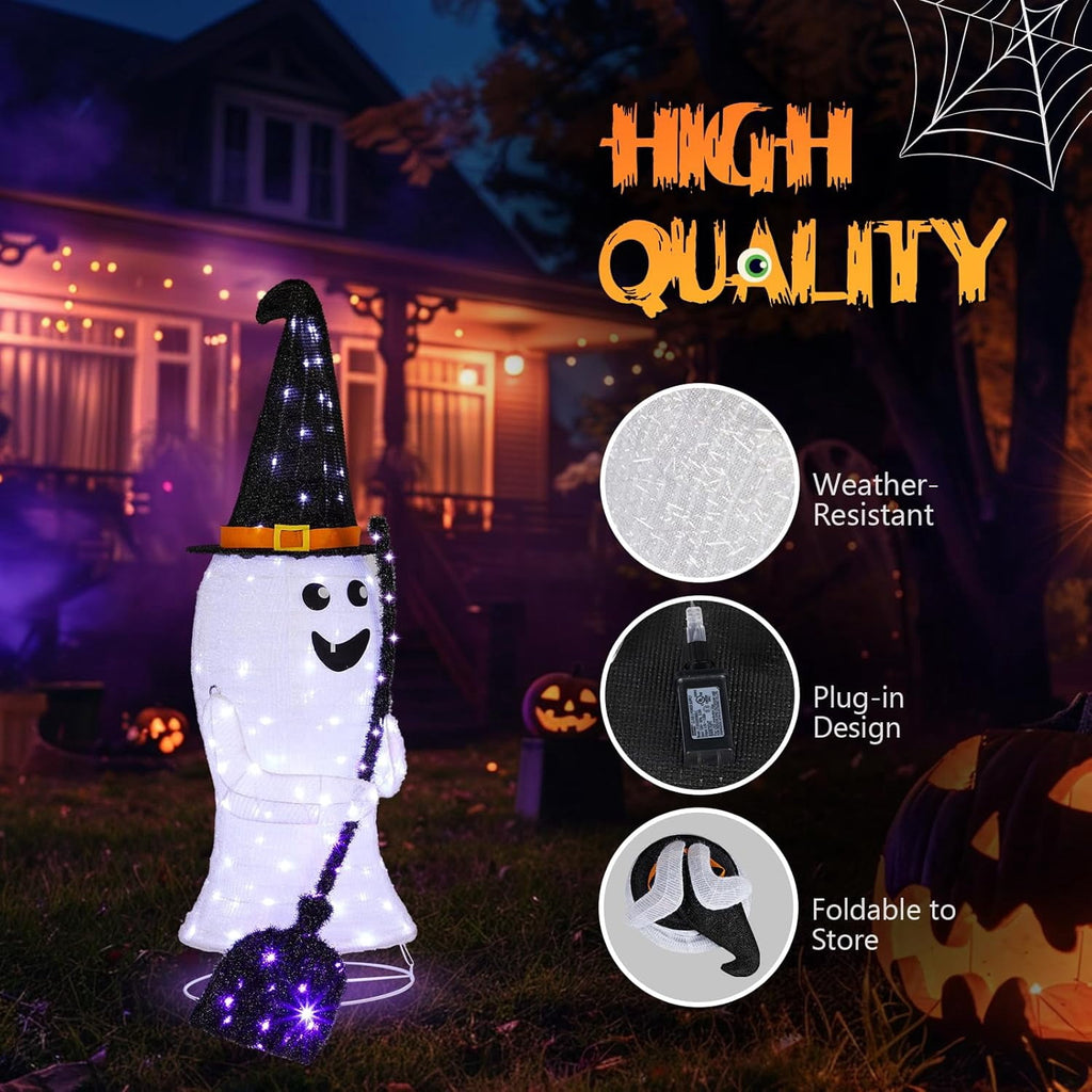 VINGLI 4FT Scary Lighted Halloween Decorations Outdoor, Pop Up Halloween Ghost Decorations, Light Up Ghost Decor with Pre-lit 135 LEDs, Cute Broom, Black Hat for Porch Yard Lawn Patio