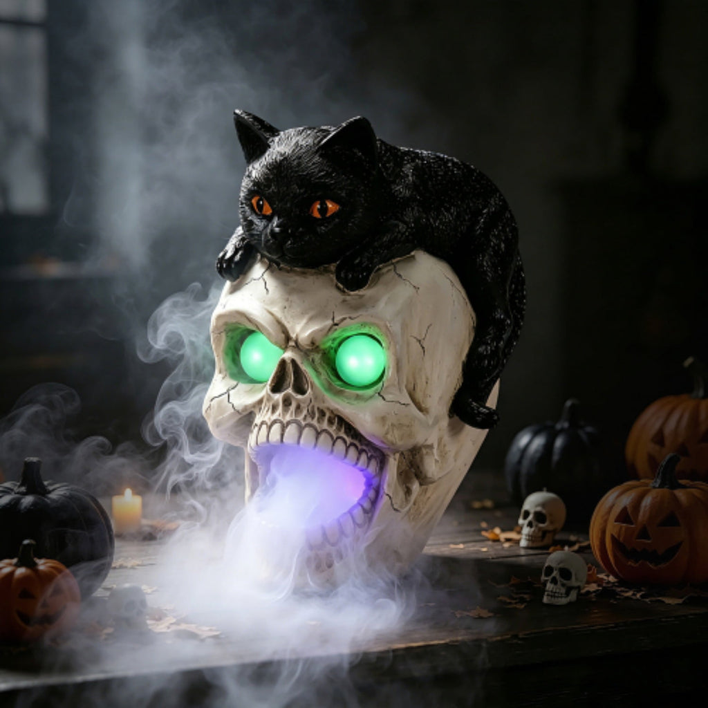 SpookHaven Halloween Jack‑O‑Lantern Pumpkin Mist Sprayer Figurine, LED Light‑Up Fogger with Witch Hat & Skull Decoration, Spooky Ornament for Tabletop Entryway Halloween Party Home Decor