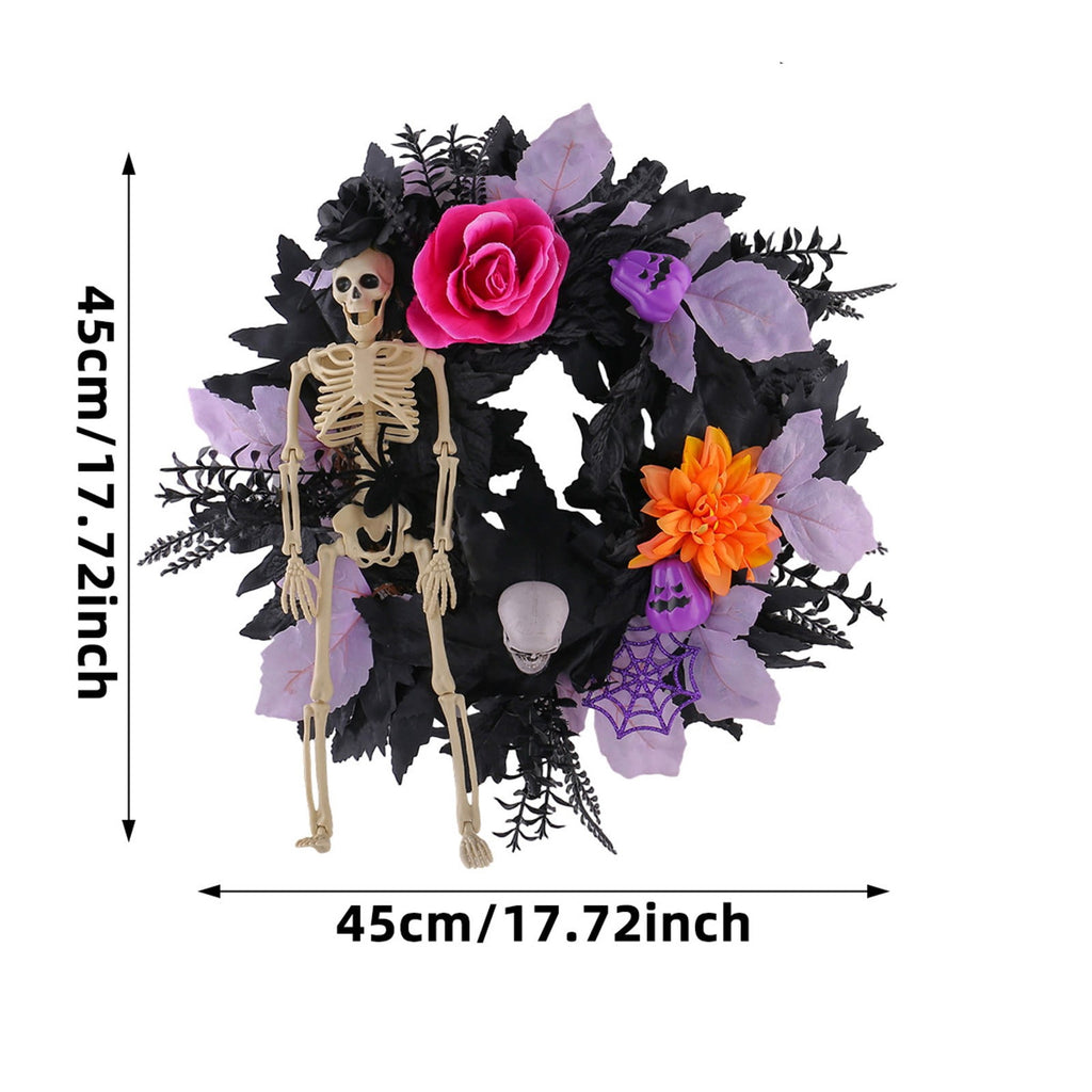 BINGLI 18 Inch Halloween Skeleton Wreath for Front Door, Lighted Gothic Dark Aesthetic Door Wreath with Autumn Leaves Indoor Decorations Centerpiece Party Holiday Wall Home Decor