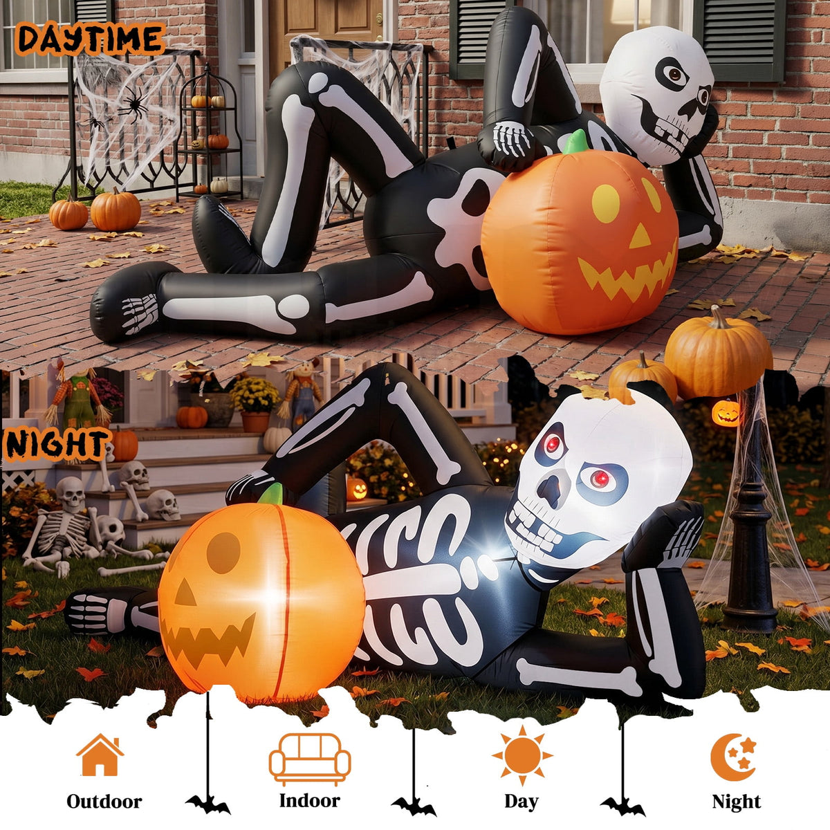 7ft Inflatable Halloween Lying Skeleton with 7 LED Lights Black and White Decor for Lawn