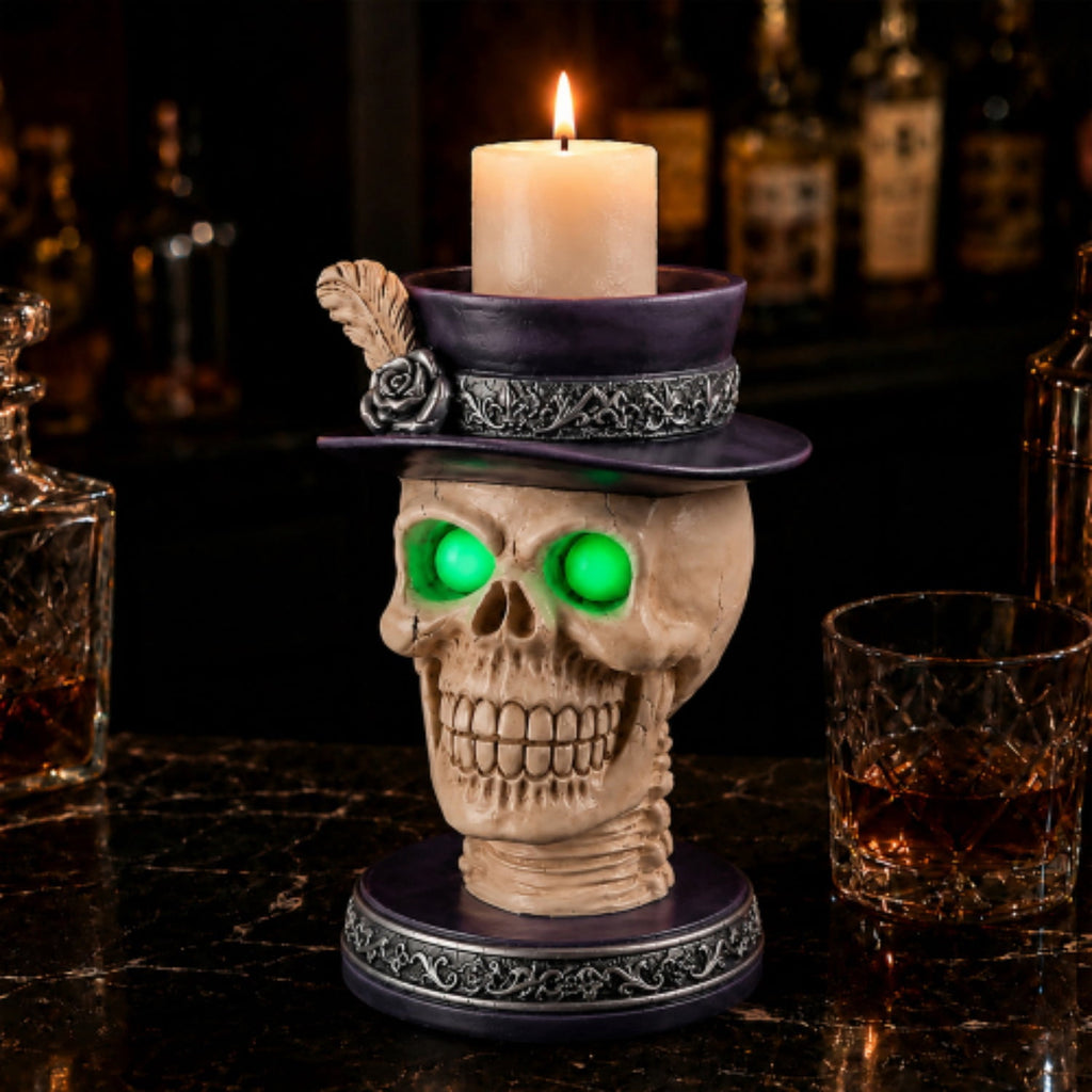 Halloween Skeleton Butler Floor Statue with Serving Tray & Realistic Black Cat, 35.43 Inch Gothic Resin Standing Decor for Entryway, Porch, Living Room, Halloween Party Home Decoration