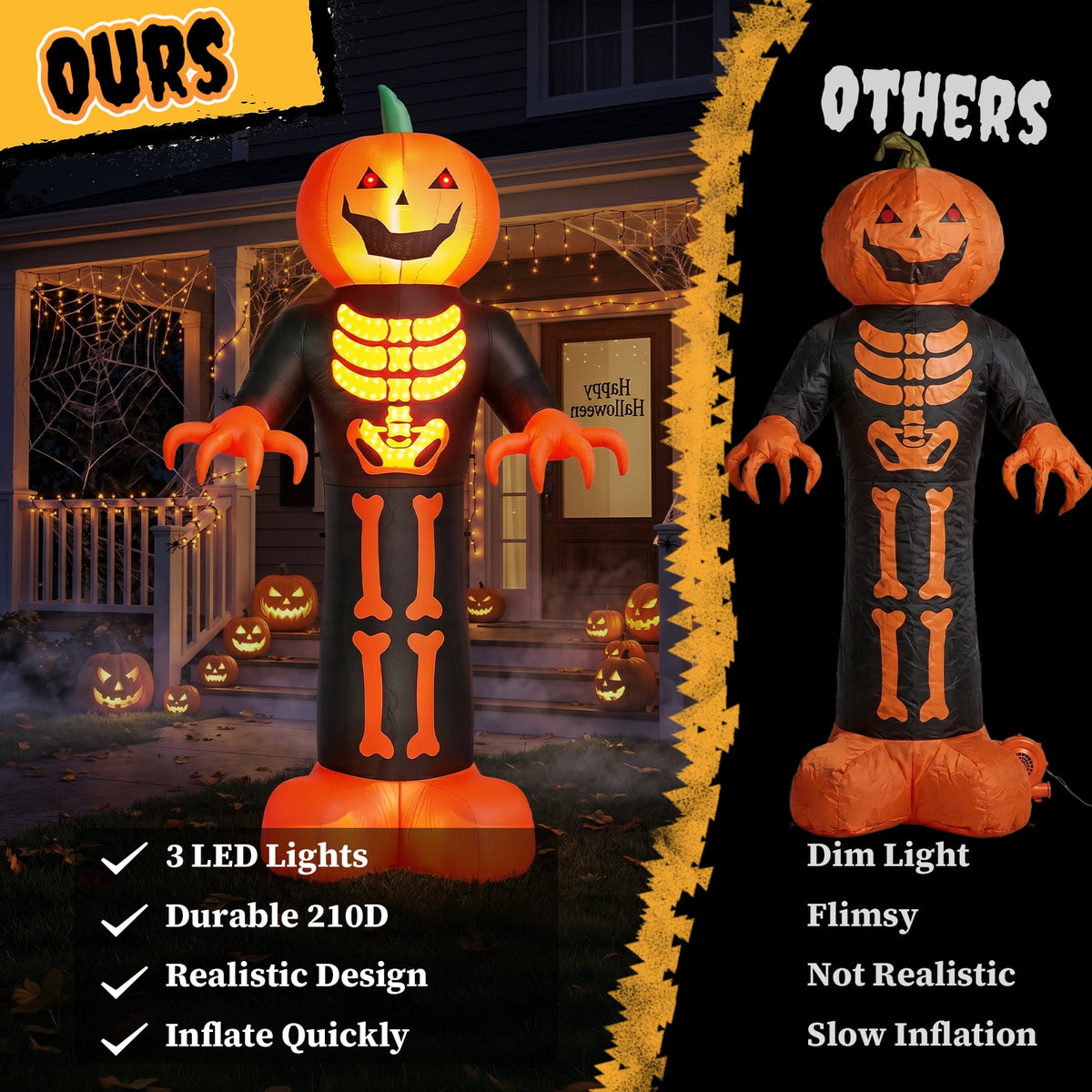 Ktaxon 12' Halloween Inflatables Pumpkin Skeleton Man Outdoor Halloween Decoration,Built-In LED