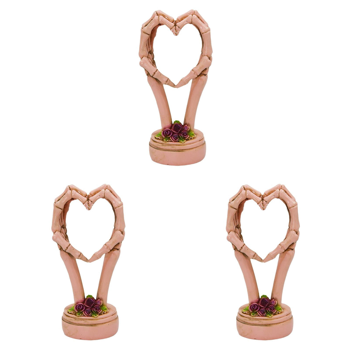3Pcs Halloween Skeleton Heart Hands Sculpture, Resin Abstract Bone Finger Gesture Statue with Floral Ornament Base, Gothic Home Desktop Decor for Shelf, Mantel, Dressing Table and Party Display