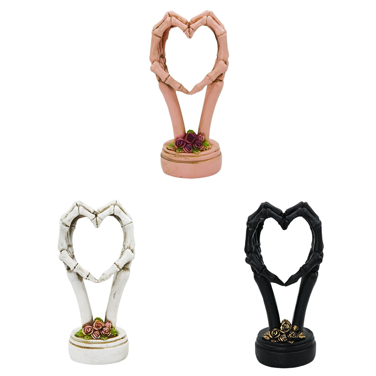3Pcs Halloween Skeleton Heart Hands Sculpture, Resin Abstract Bone Finger Gesture Statue with Floral Ornament Base, Gothic Home Desktop Decor for Shelf, Mantel, Dressing Table and Party Display