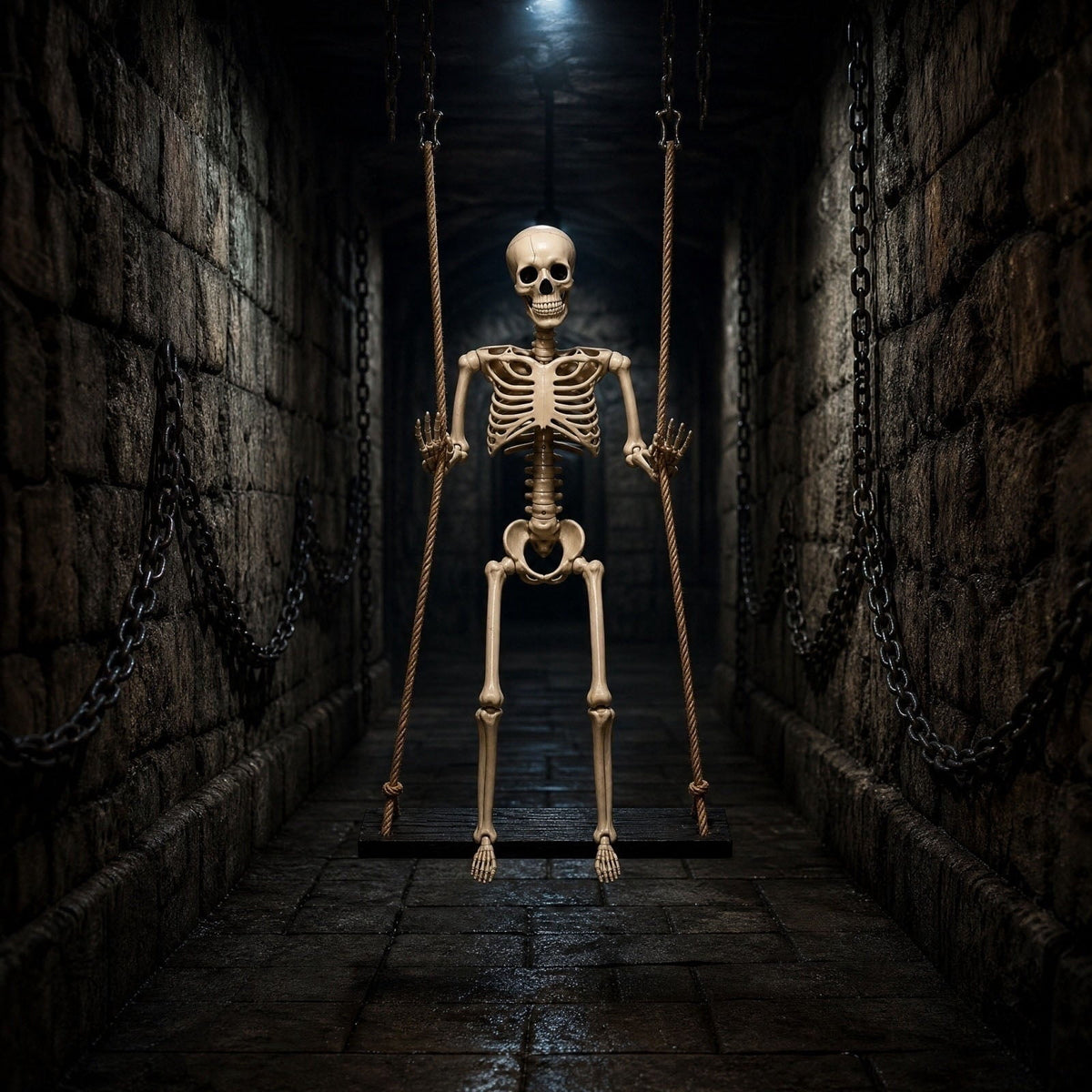 XHKUYI Halloween Swinging Skeleton Decoration 35.4 inch, Hanging Skeleton with Black Wood Base, Spooky Halloween Skeleton Decorations for Yard, Porch, Tree, Party