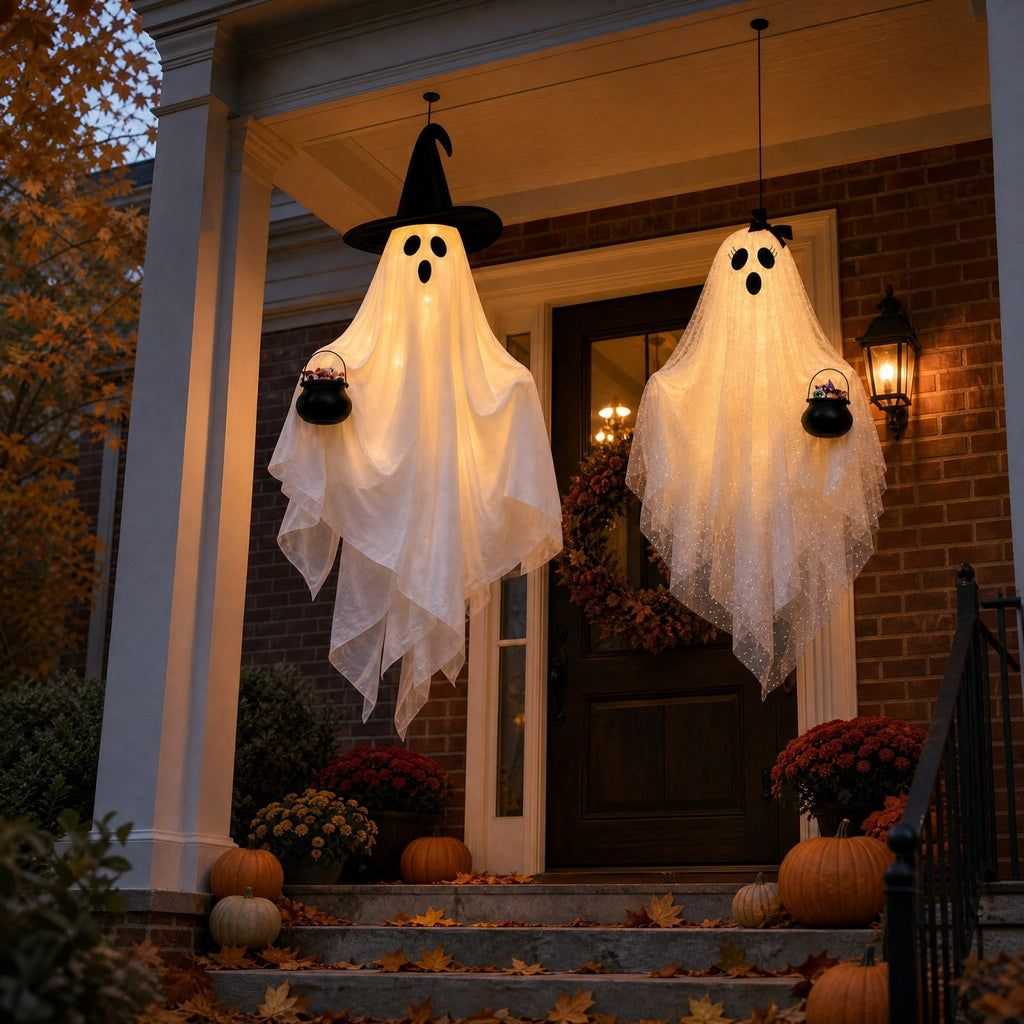 2 Pack Light Up Standing Tulle Ghost Halloween Decorations with Witch Hat, Warm LED Fairy Light Ghost Yard Stakes, Spooky Cute Ghost Outdoor Lawn Porch Mantel Home Halloween Party Decor