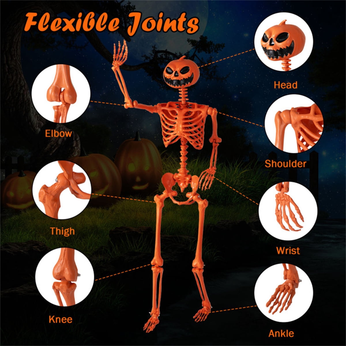 ECOBUY 5.5ft Life-Size Poseable Halloween Skeleton with Pumpkin Head, Orange Full-Body Realistic Decor, Movable Joints for Indoor & Outdoor Scary Display