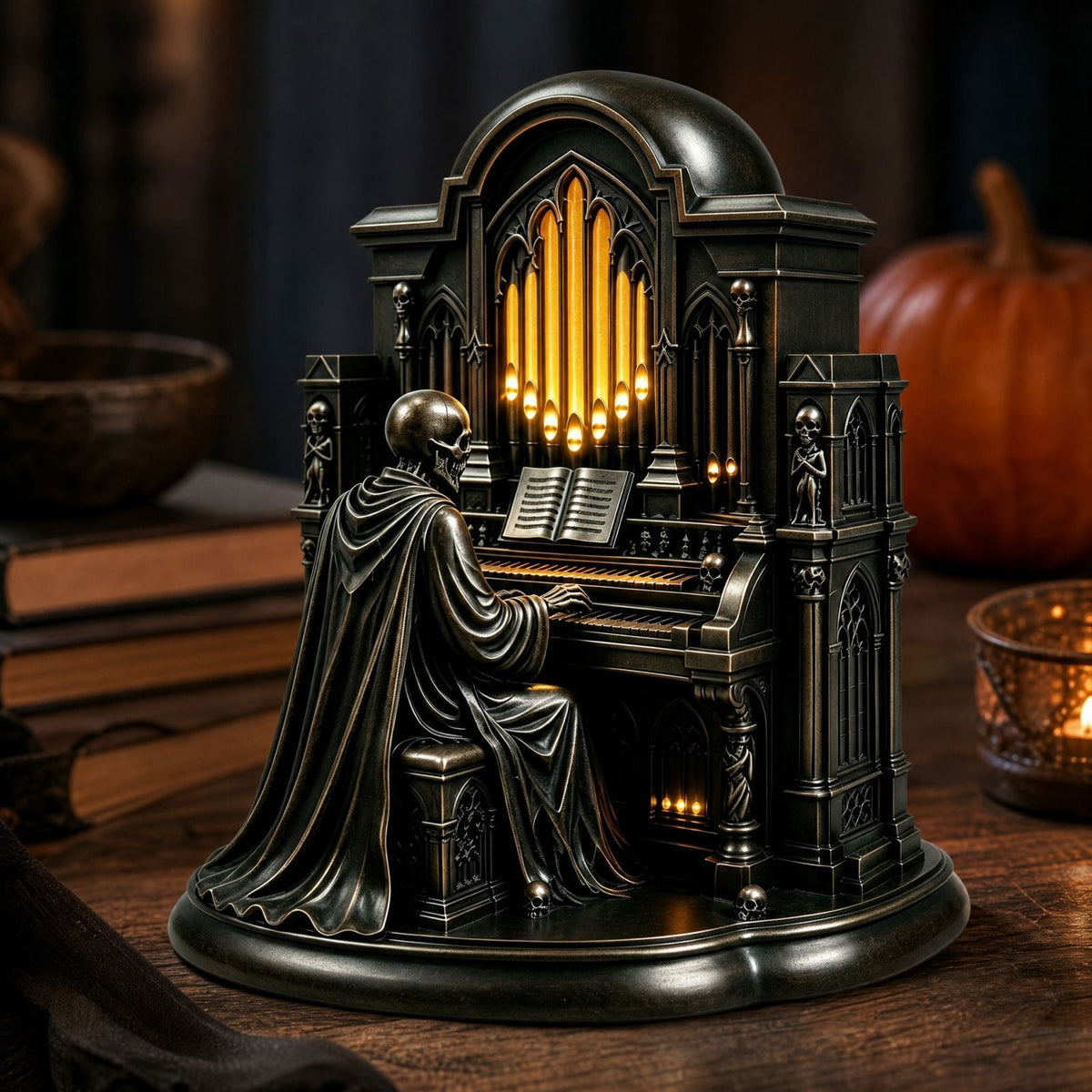 Halloween Gothic Skeleton Pipe Organ Statue with LED Light, Spooky Cathedral Figurine for Home Decor