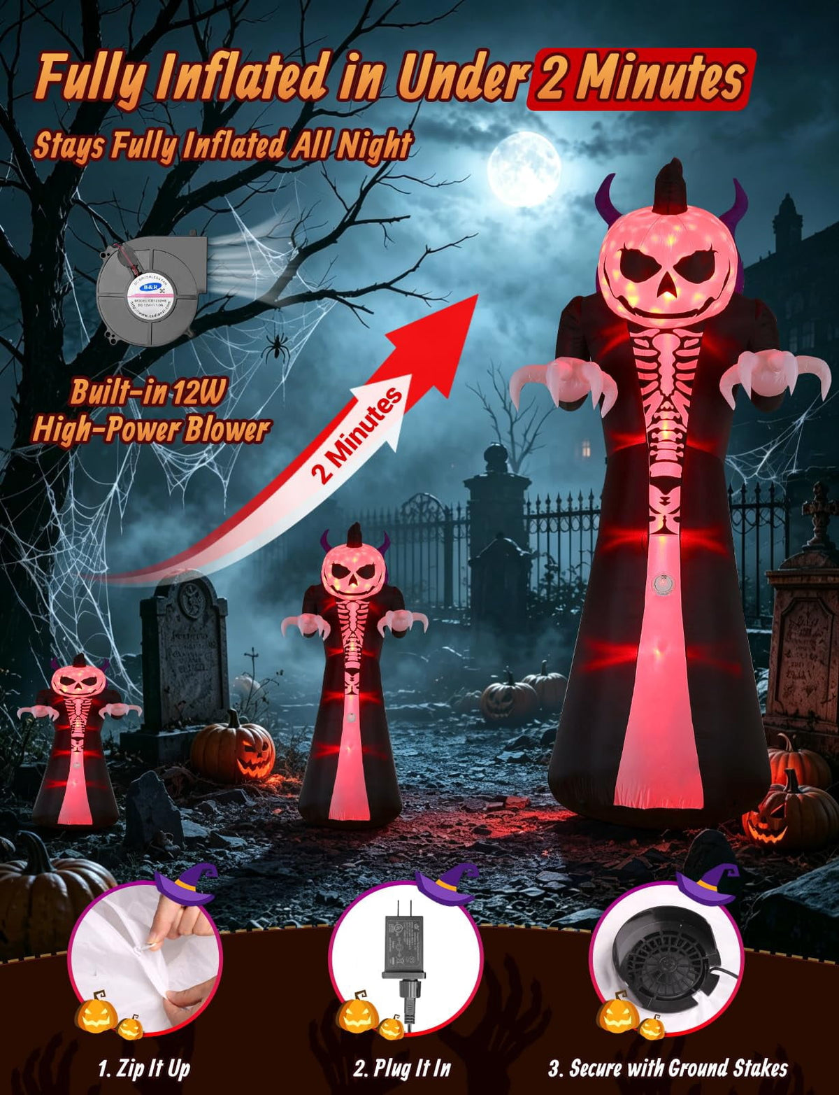 Novtech 10 FT Grim Reaper Halloween Inflatables, Pumpkin Head, Motion Activated Scream, 8 RGB Light Modes, Blow Up Outdoor Yard Decorations for Trick or Treat, Lawn Garden Party & Scary Haunted House