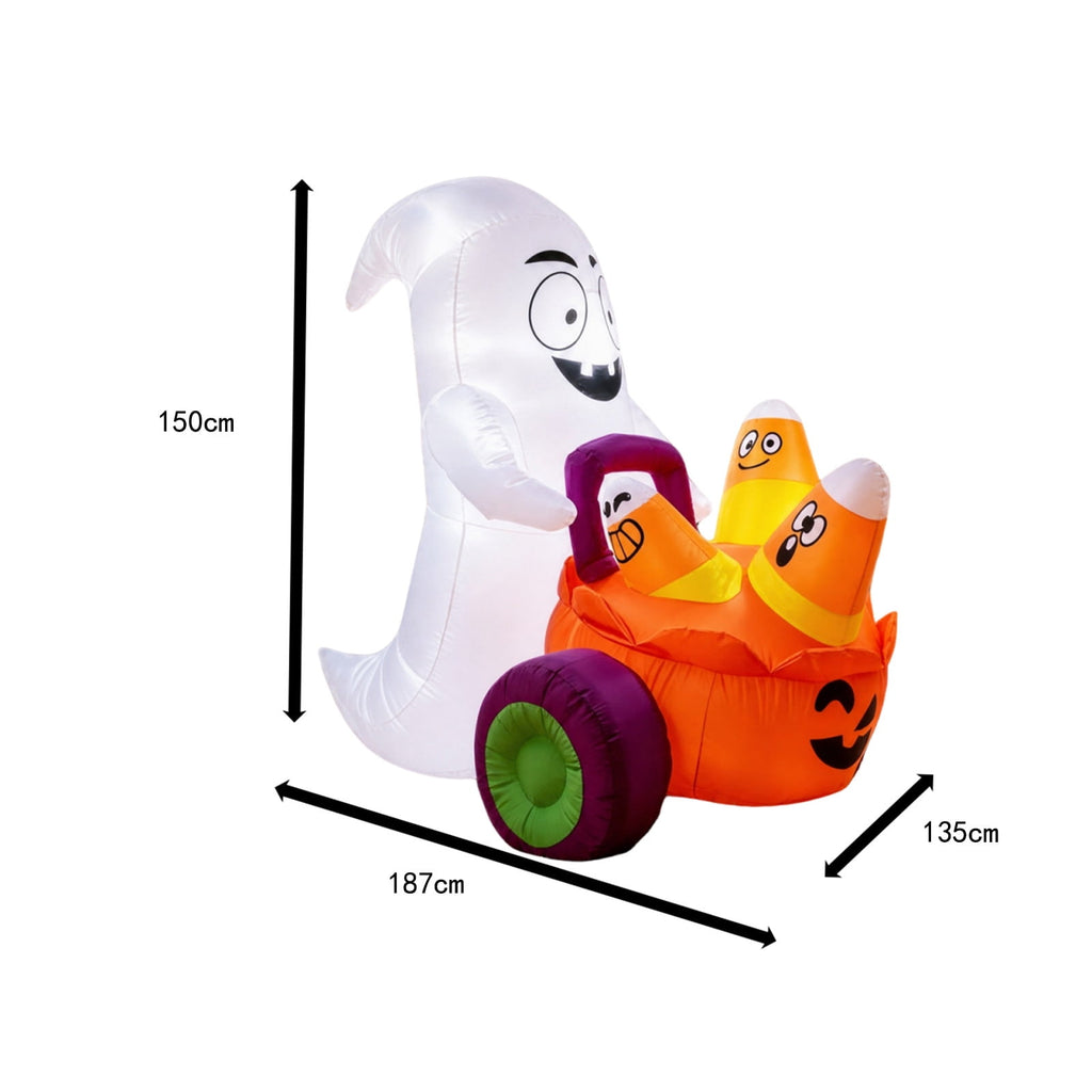 HHJZPR Halloween Inflatable Ghost Driving Pumpkin Cart Yard Decor, 59.06in Built-in LED Light Blow Up Candy Corn Pumpkin Trolley Outdoor Lawn Holiday Ornament