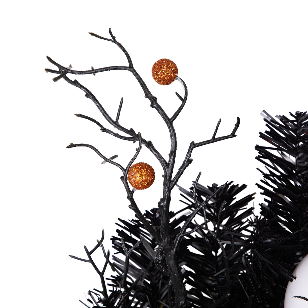 Northlight Ornaments and Ghost Halloween Twig Pine Wreath - 24" - Orange and Black - Unlit