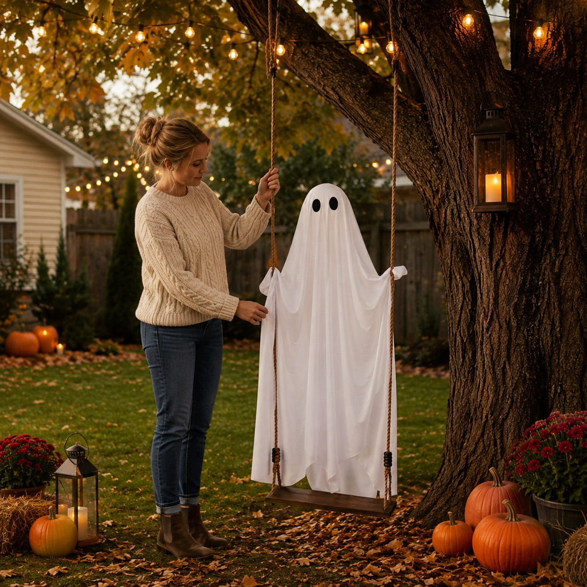 6FT Halloween Hanging Swing Ghost with Remote Control and Lights, People Can Sit On, Halloween Decorations Outdoor, Scary Ghost Halloween Party Decor Outside for Tree Porch Yard Garden Lawn