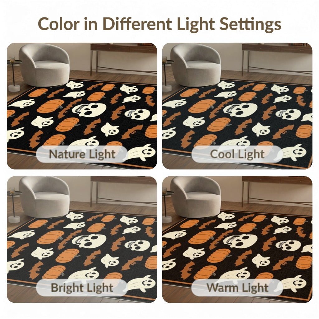 ODIKA Retro Halloween Welcome Featuring Ghosts Pumpkins Bats Skulls Non-Slip Flatwoven for Living Room, Under Sectional, Family