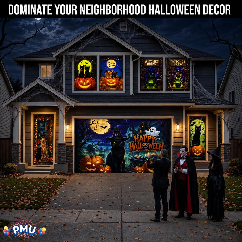 PMU 7-Piece Halloween Garage Door Cover Set, 16 x 7 ft, Skeleton Window & Door Decorations