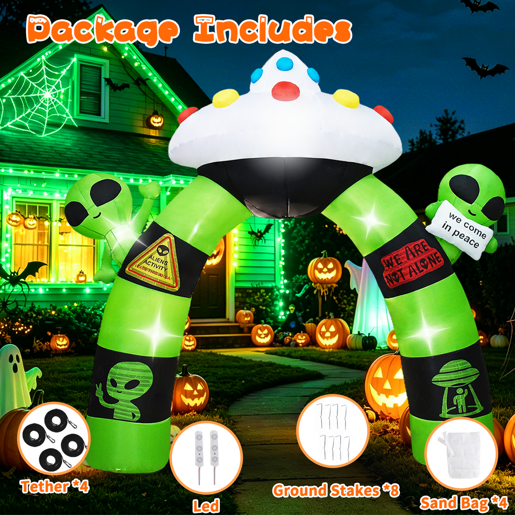 KINQUINN 10 FT Giant Halloween Inflatables Alien UFO Arch Outdoor Decorations, Blow Up Alien Archway with LED Lights, Blow Up Yard Decor for Garden, Lawn, Home, Indoor, Outside, Party, Porch